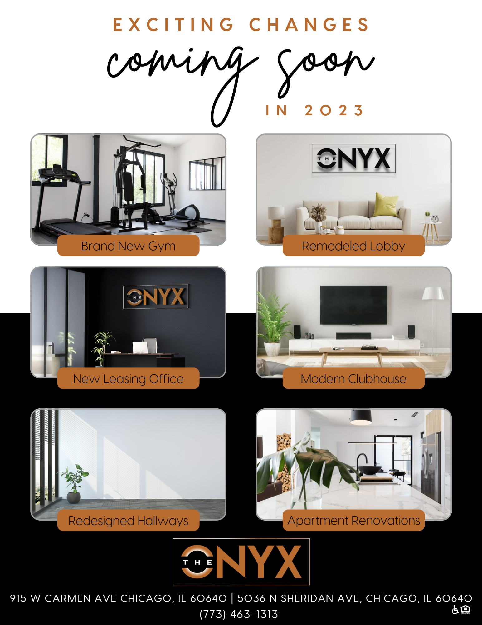 An advertisement showcasing upcoming changes to a property including a new gym, remodeled lobby, redesigned hallways, and apartment renovations, with the text 'Exciting Changes Coming Soon in 2023' and the address 915 W Carmen Ave Chicago, IL and con
