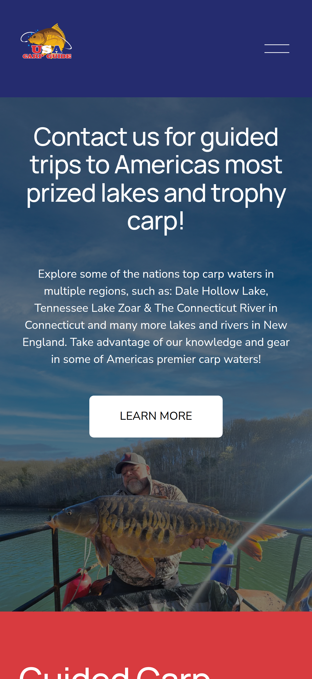 A man holding a large trophy carp fish on a boat in a river, with trees and water in the background. The image is part of a website for USA Carp Guide, a company offering guided fishing trips for prized lakes and trophy carp in the United States.