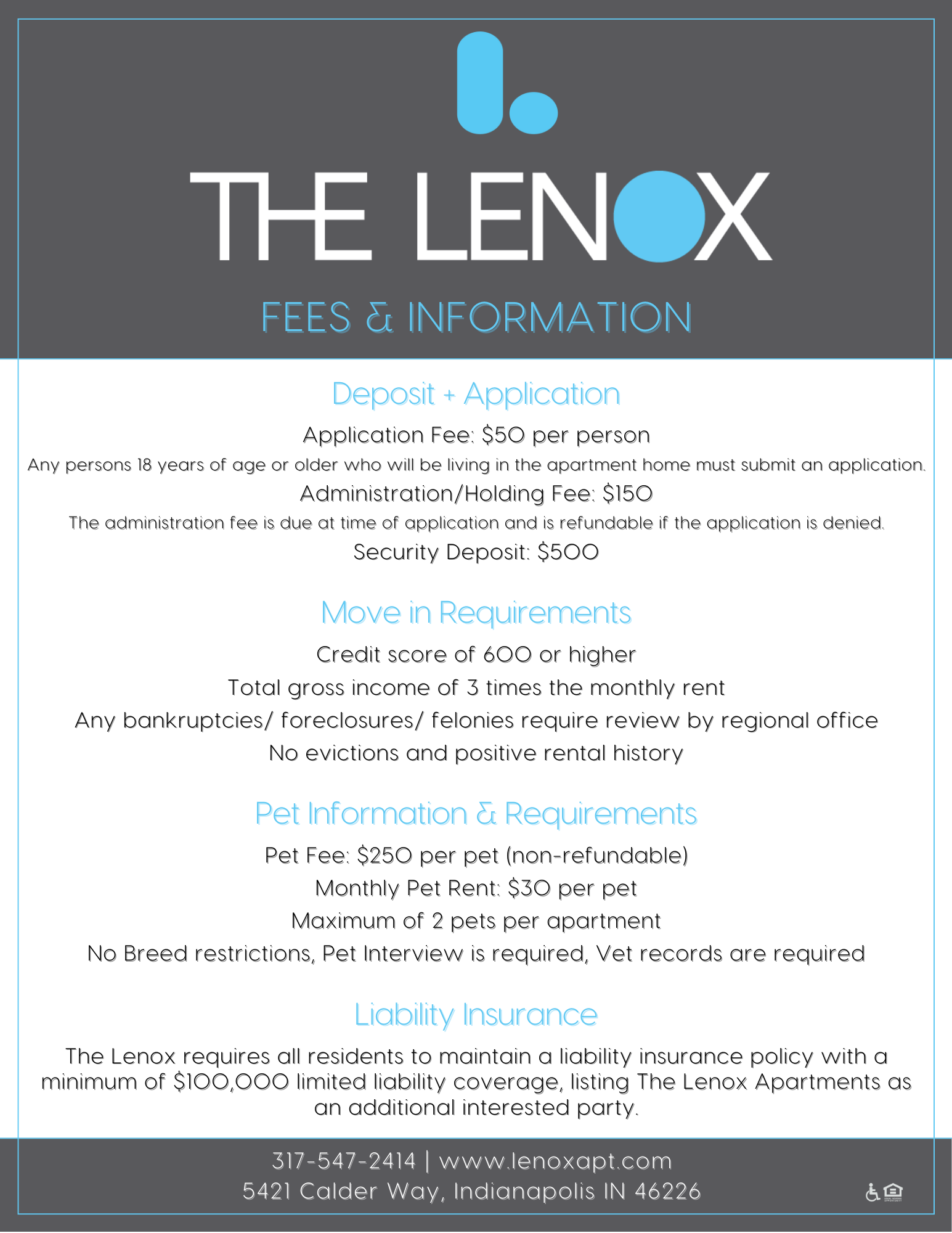 A digital property listing for The Lenox Apartments, showcasing fees, application process, pet information, liability insurance, and contact details on a dark grey background with blue and white text.