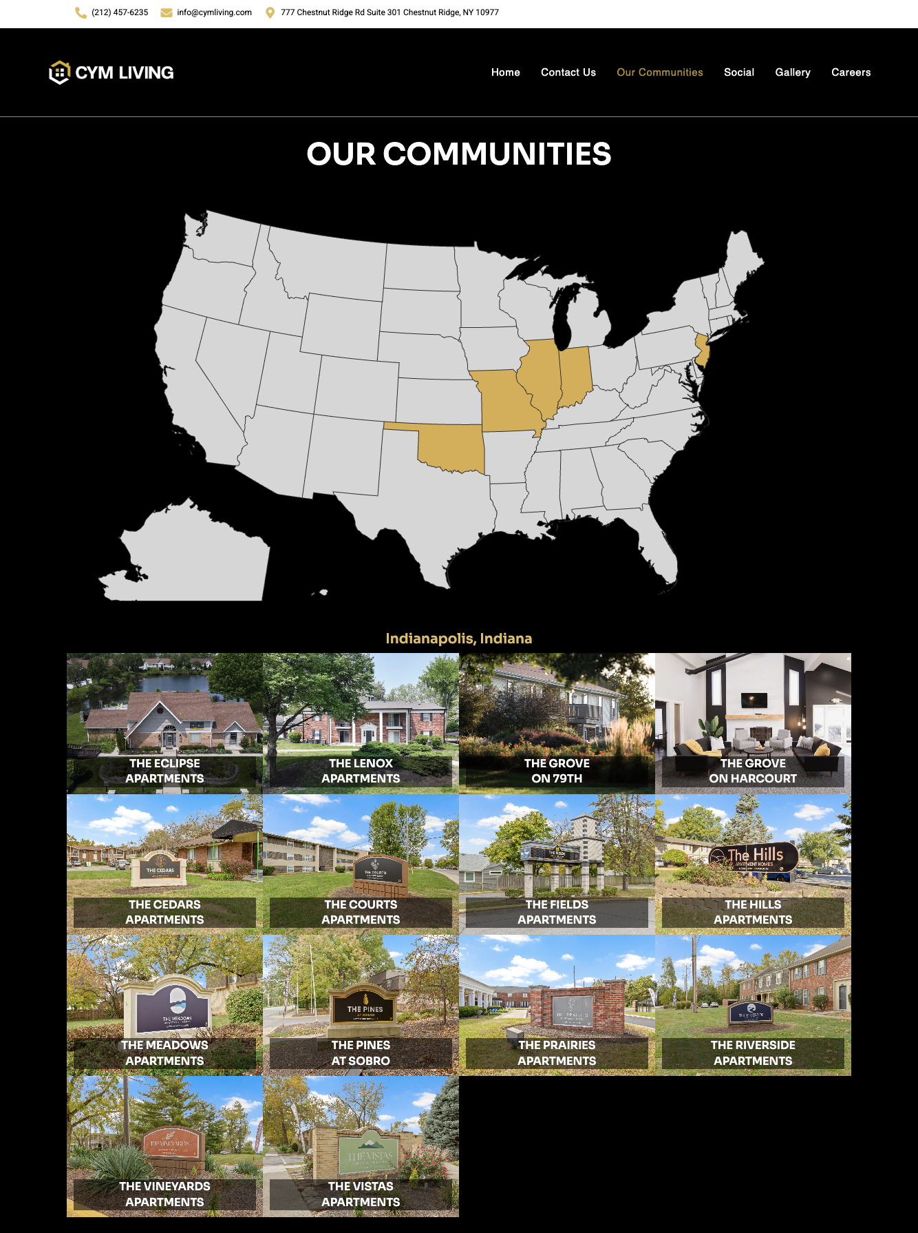 A website page titled "Our Communities" showing a map of the United States with some states highlighted in gold. Below the map are photos and names of various apartment communities, such as The Eclipse Apartments in Indianapolis, Indiana, The Lennox 