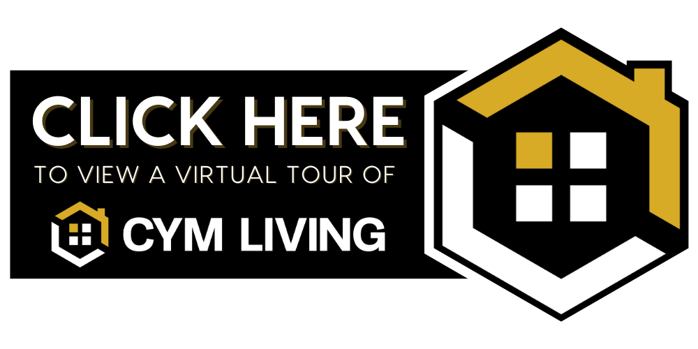 A digital banner with a black background promoting a virtual tour of Cym Living, featuring bold white text 'CLICK HERE' and a house logo with black, white, and gold colors.