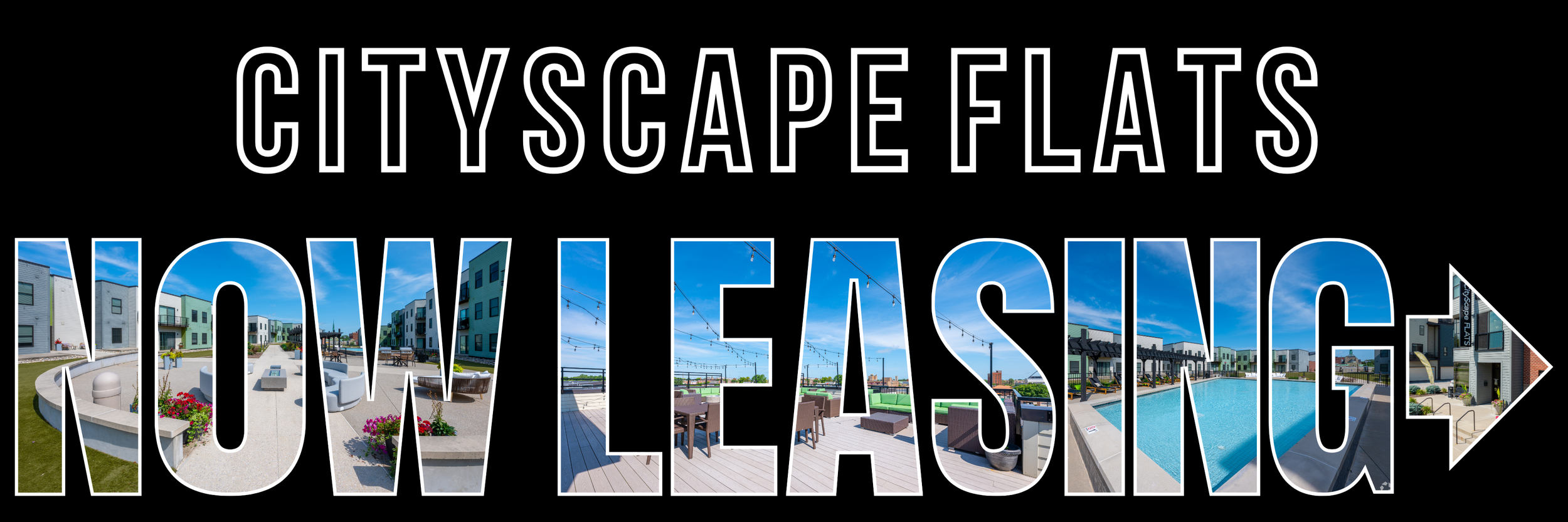 A promotional graphic for CityScape Flats highlighting the move-in leasing process, featuring outdoor amenities and modern apartment buildings under a blue sky.