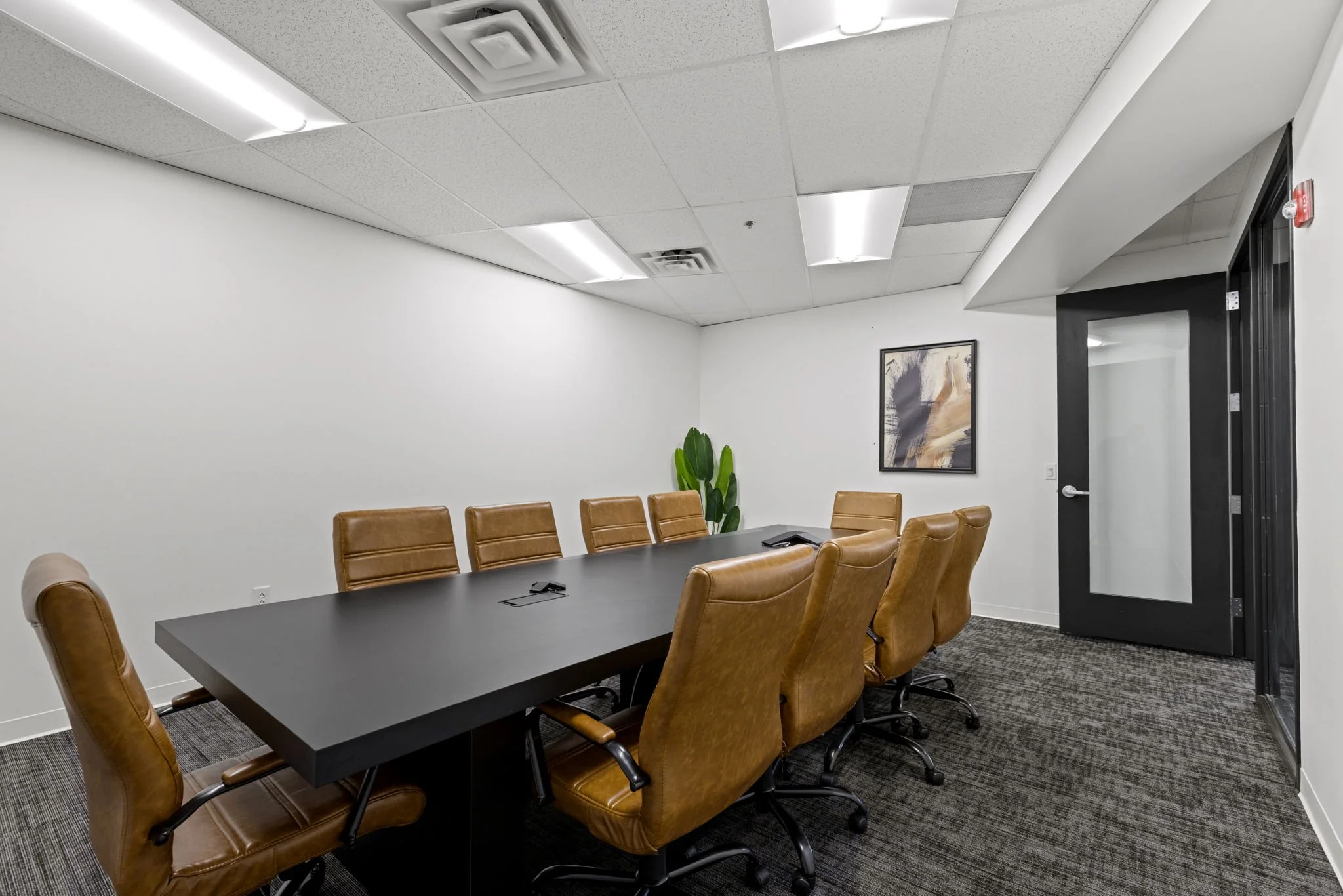 A conference room with a dark rectangular table surrounded by tan leather chairs, white walls, a framed artwork on the wall, a green plant, and ceiling lights.