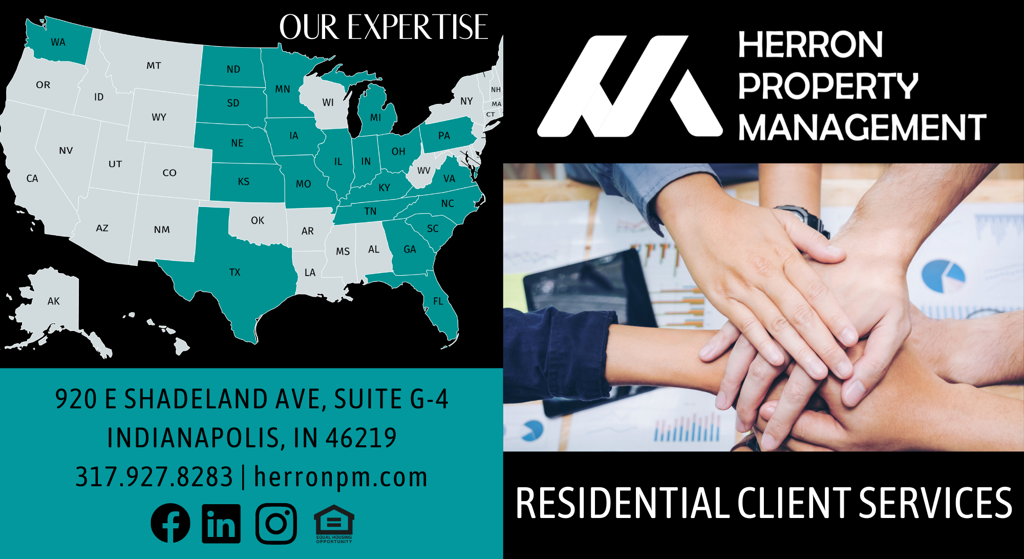 Map of the United States highlighting specific states, Herron Property Management logo, and a photo of multiple hands stacked together. Contact information for Herron Property Management is included, with an address in Indianapolis, Indiana, and the 