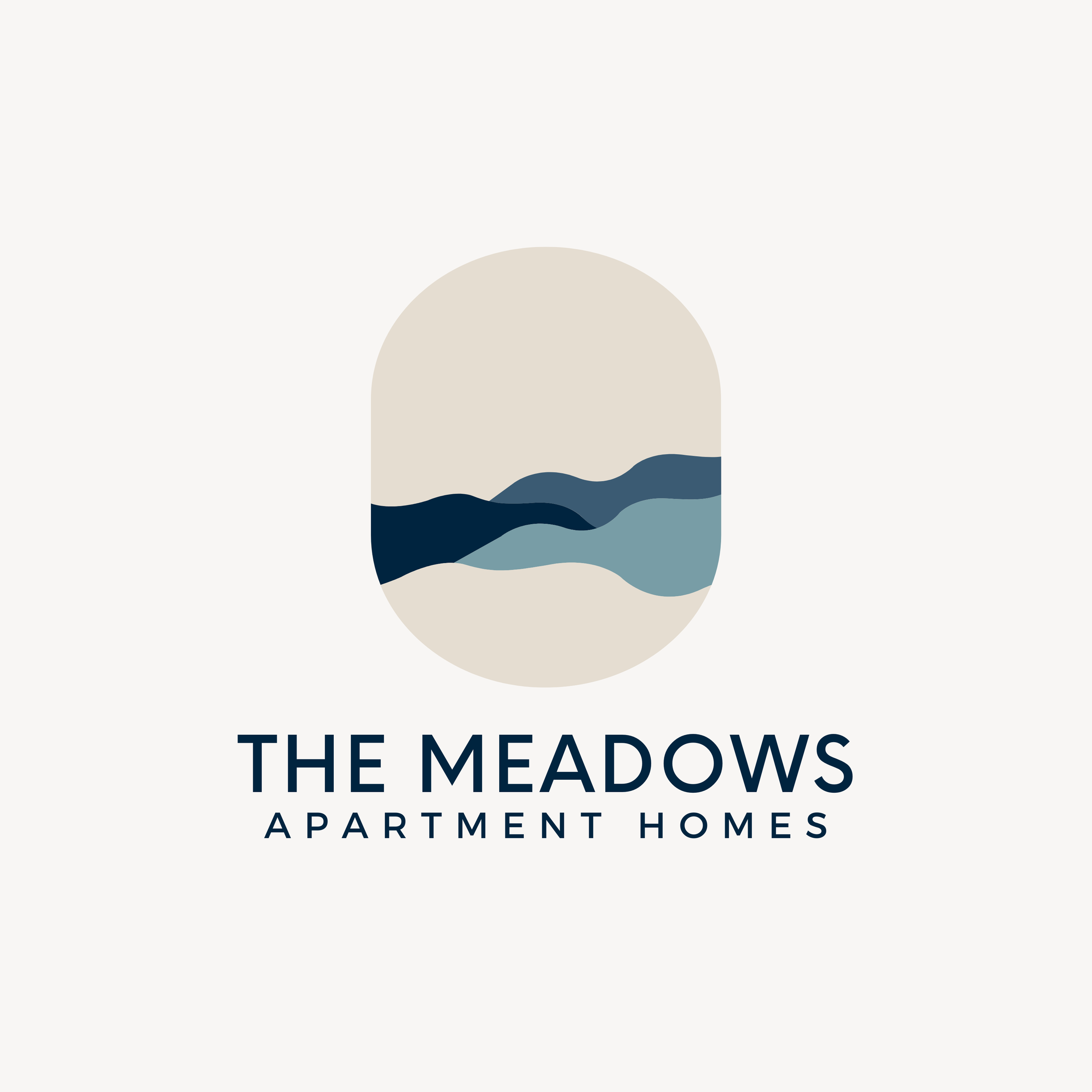 The cover of a book titled 'The Meadows Apartment Homes' features a minimalist design with a large beige circle and wavy blue lines representing nature or water, on a light background.