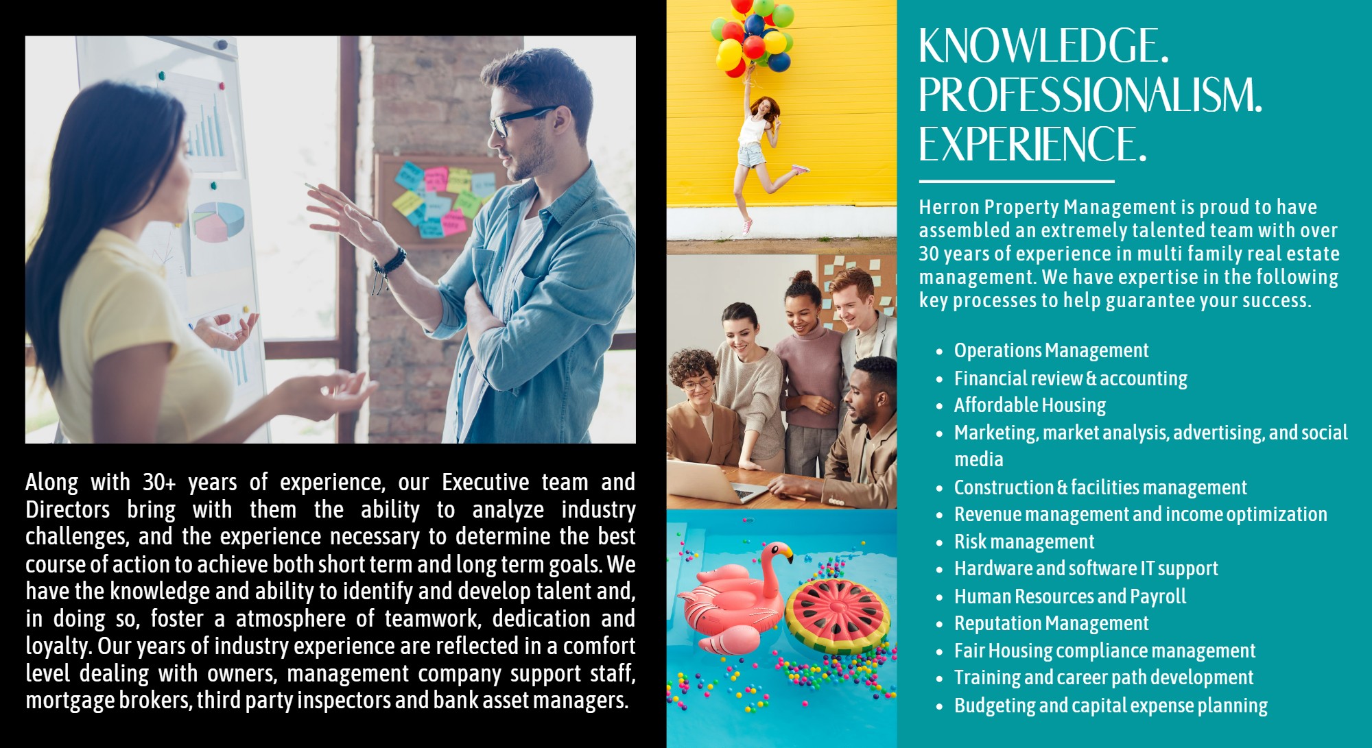 A brochure with three images and text. The first image shows a man and woman discussing data on a whiteboard in an office. The second image shows a woman jumping with balloons in front of a bright yellow wall. The third image shows a group of diverse
