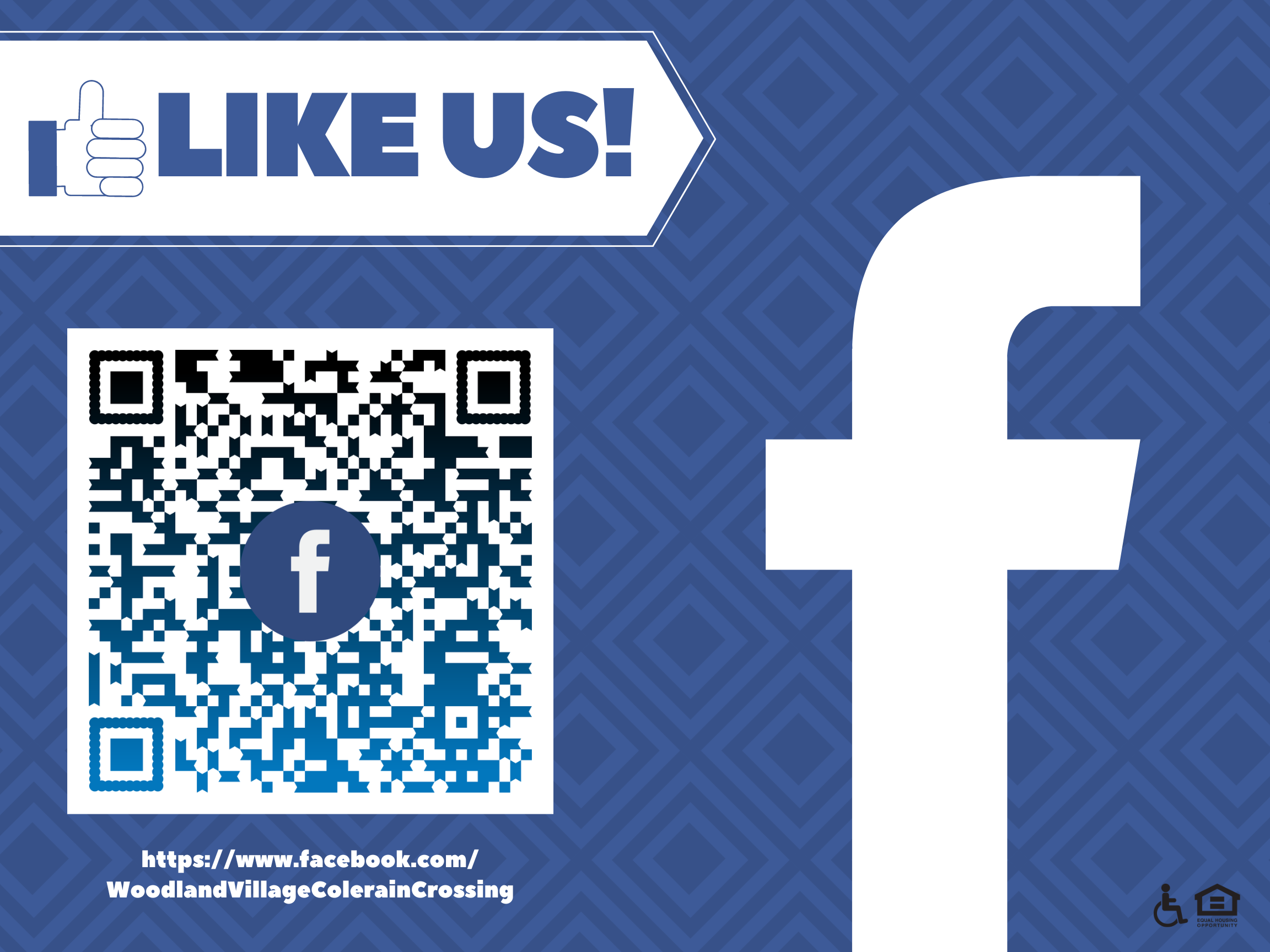 A Facebook promotional graphic with a blue and white color scheme. It features a large Facebook logo on the right and a QR code on the left. The text says, 'LIKE US!' and provides a URL: https://www.facebook.com/WoodlandVillageColrainCrossing. There 