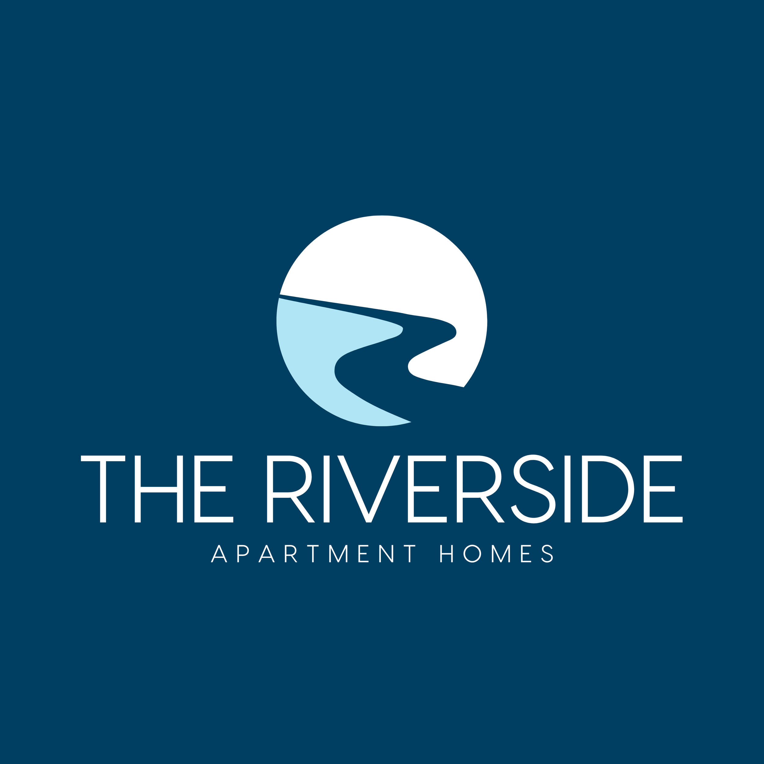 Logo of The Riverside Apartments Homes with a dark blue background, white text, and a circular emblem with a stylized river within it.
