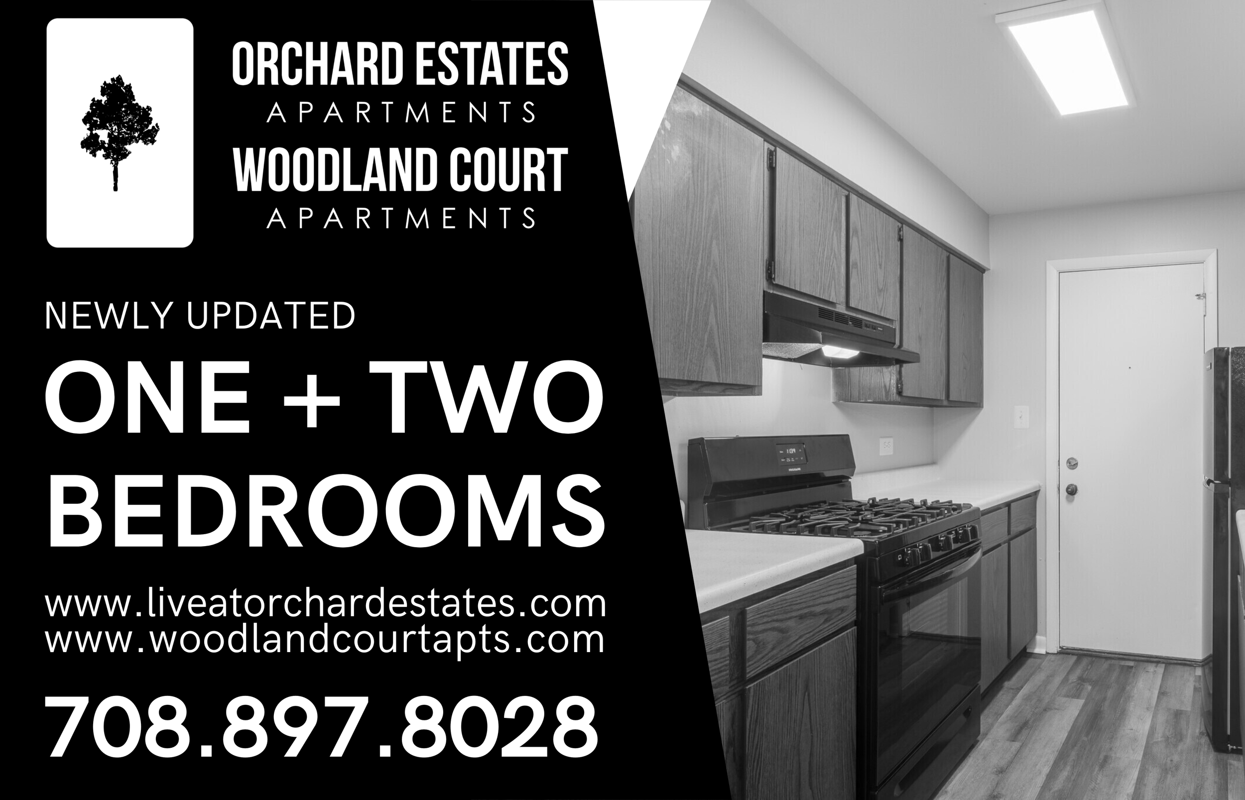 Black and white advertisement for Orchard Estates Apartments and Woodland Court Apartments, featuring a kitchen with wooden cabinets, a stove, and a refrigerator in a residential interior.