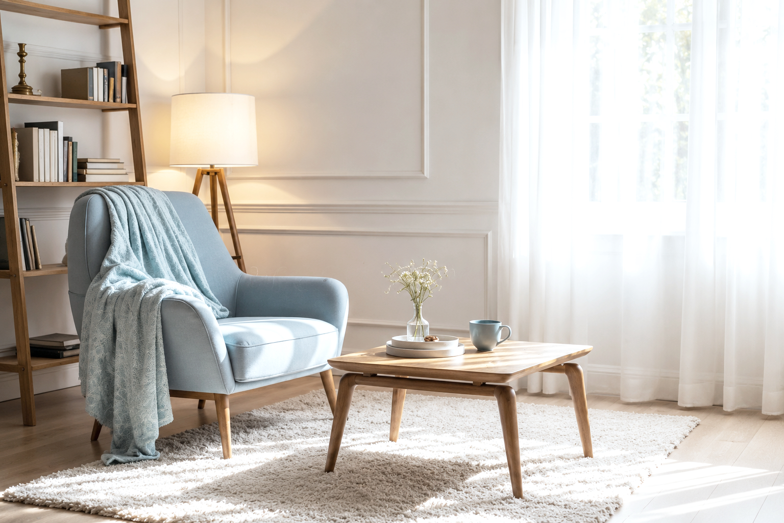 Vision Space Therapy and Wellness Center Office Bright living room with a blue armchair draped with a light blue blanket.