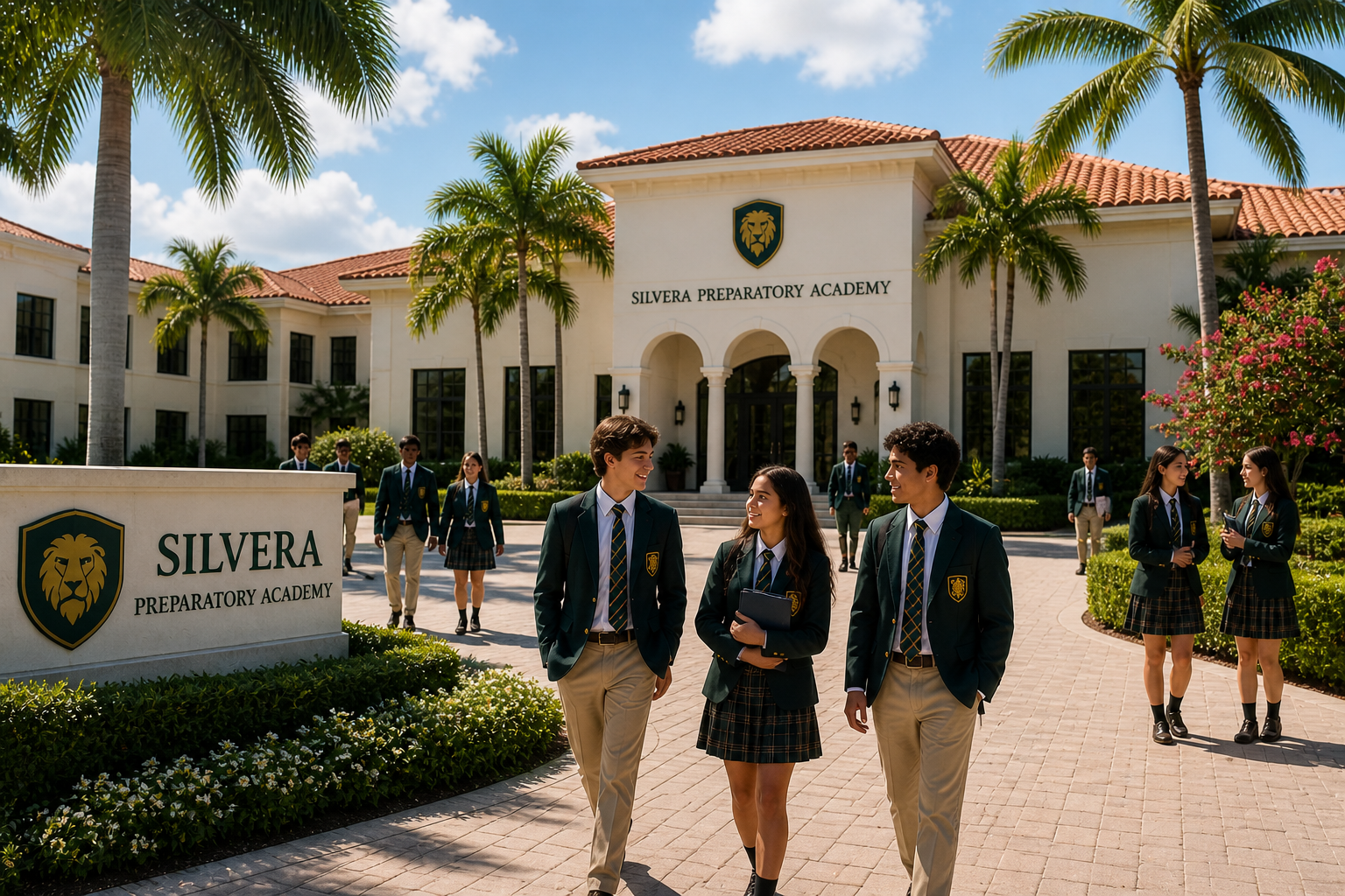 Students in uniforms walking and talking outside the Silvera Preparatory Academy building, which has a white facade, red tile roof, and palm trees.