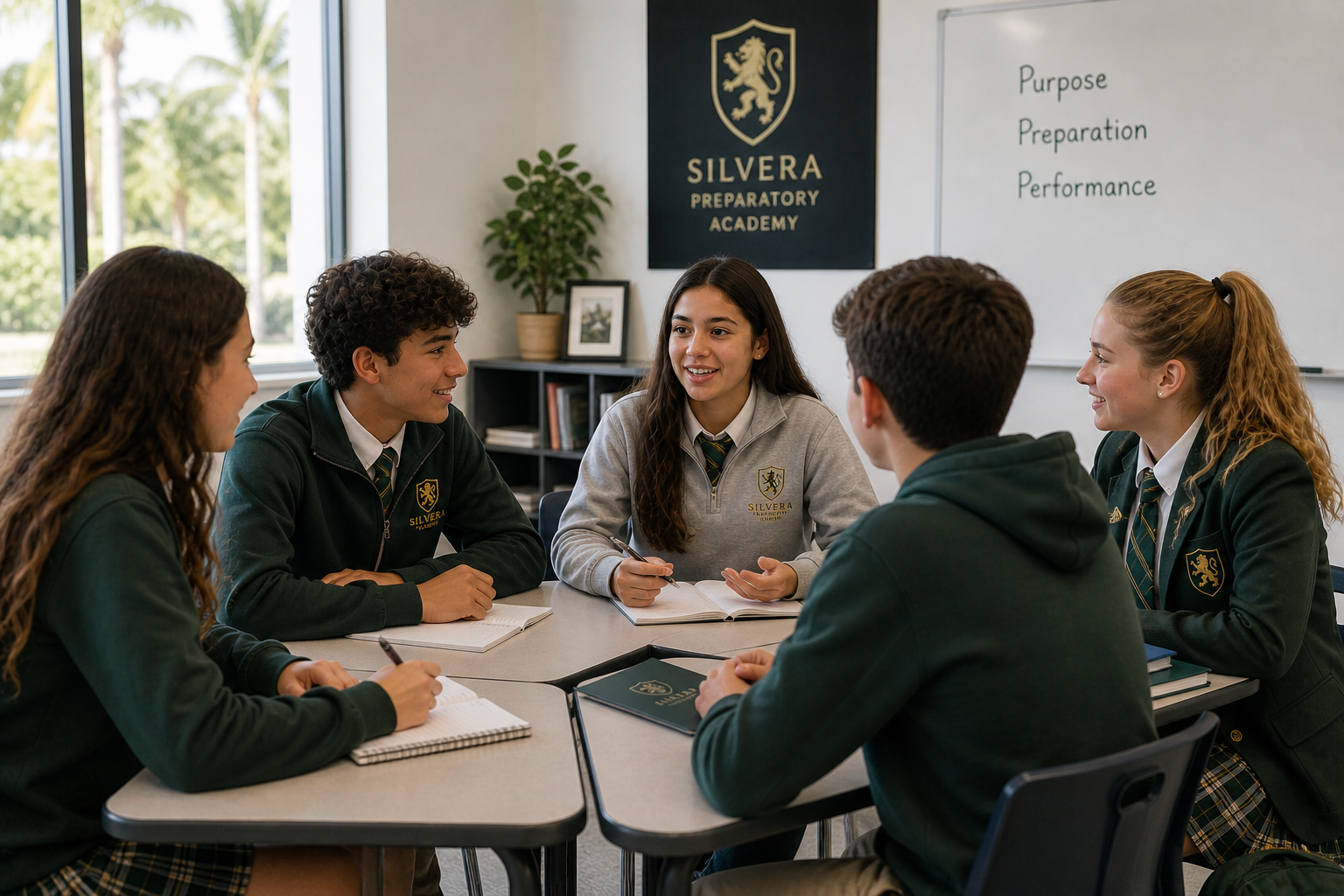 Six students in school uniforms sitting around a table having a discussion in a classroom, with a whiteboard and a sign that says "Silvera Preparatory Academy" in the background.