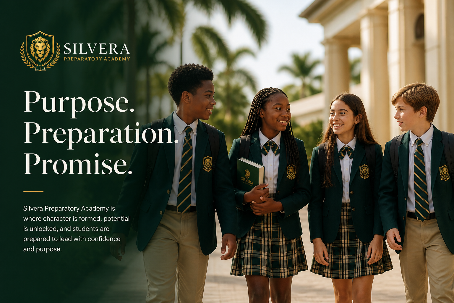 Four diverse students in school uniforms walking and talking outside on a sunny day, with a large building and palm trees in the background, promoting Silvera Preparatory Academy.