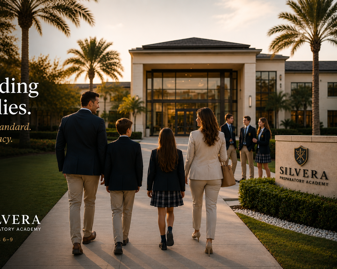 A founding family walking on pathway towards school building with palm trees at sunset at Silvera Preparatory Academy.