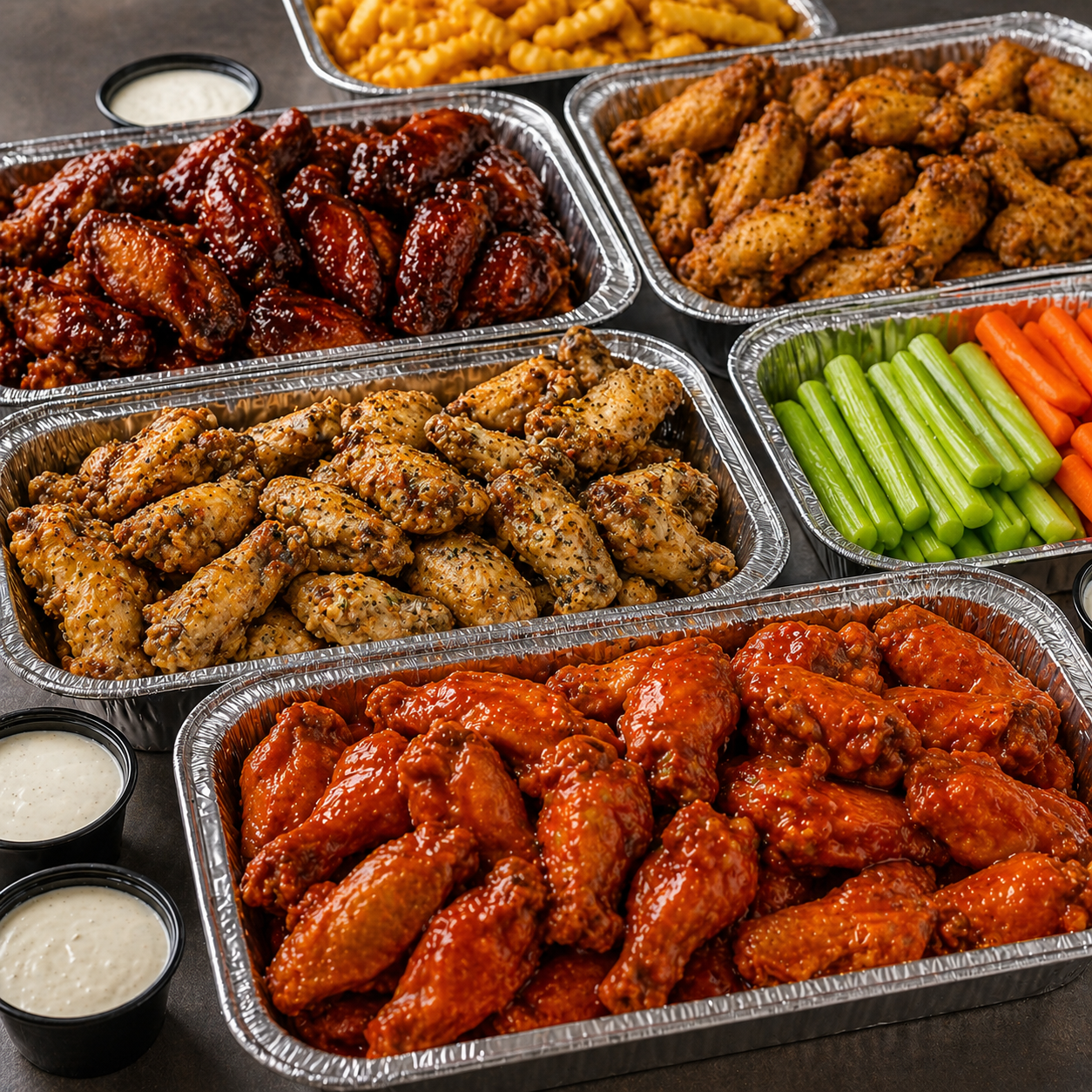 Assorted party tray with buffalo wings, fried chicken wings, celery and carrots, macaroni and cheese, and ranch dipping sauce.