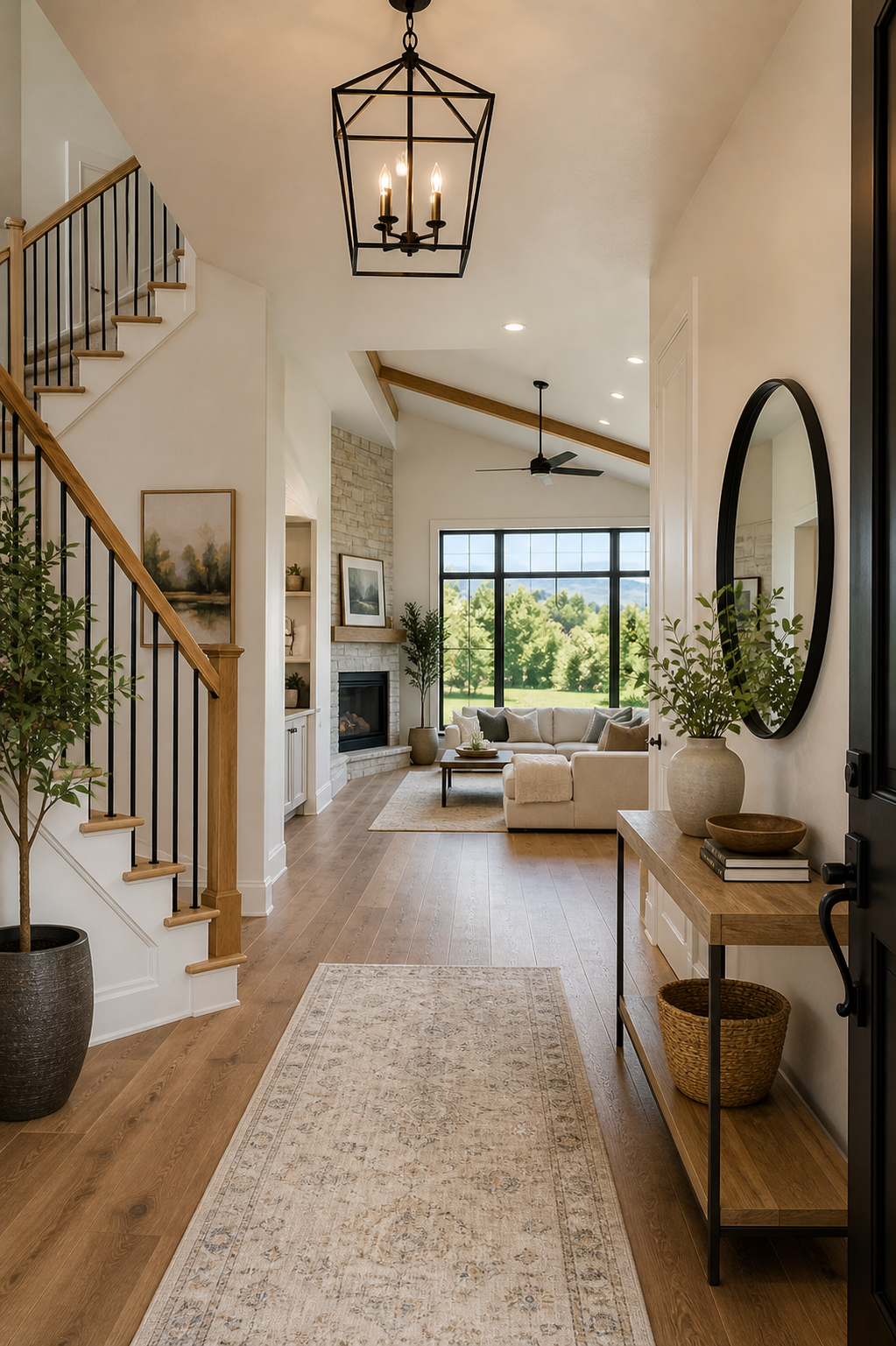 Interior view of a bright, modern living room with large windows, beige sectional sofa, fireplace, ceiling fan, and decorative plants.