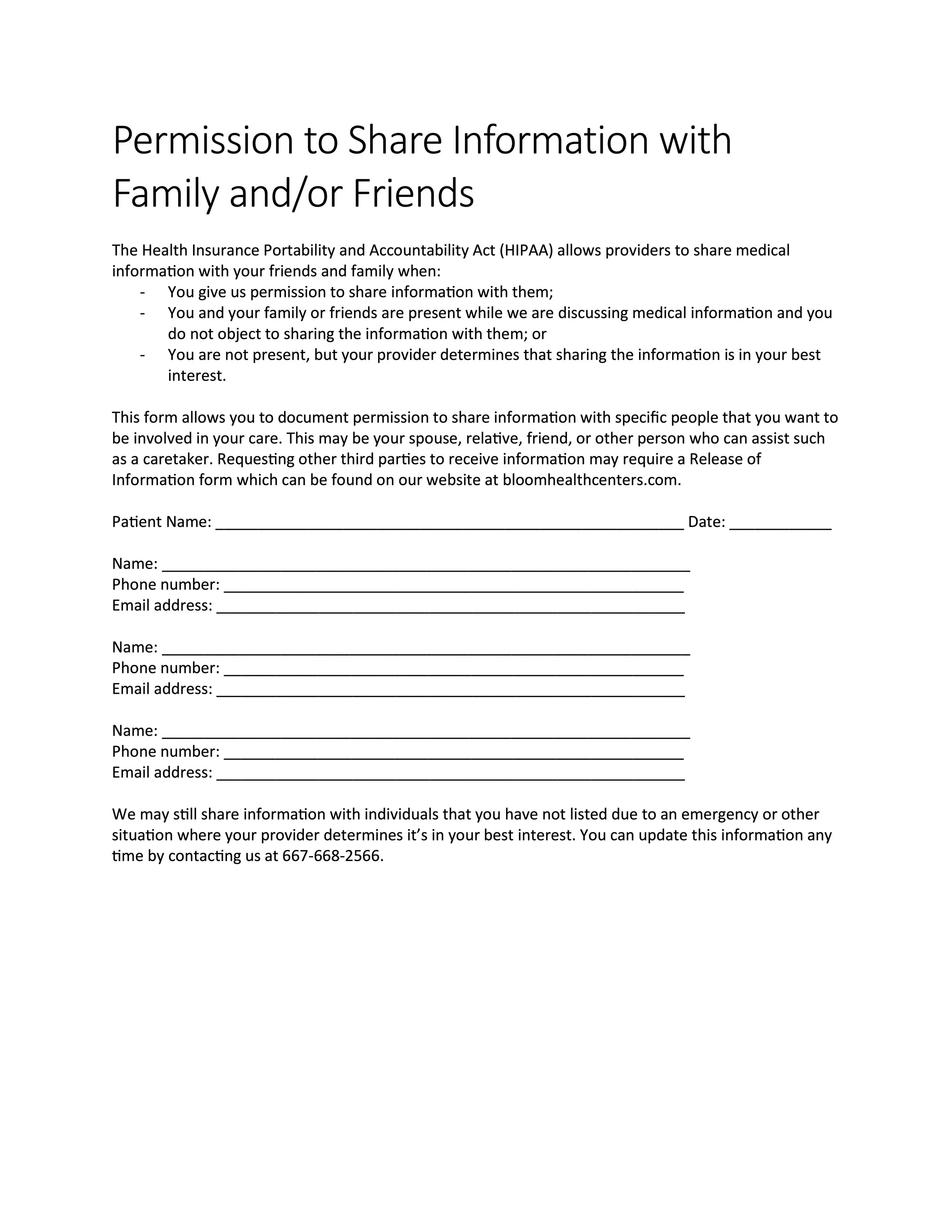 Permission to Share Information with Family and/or Friends