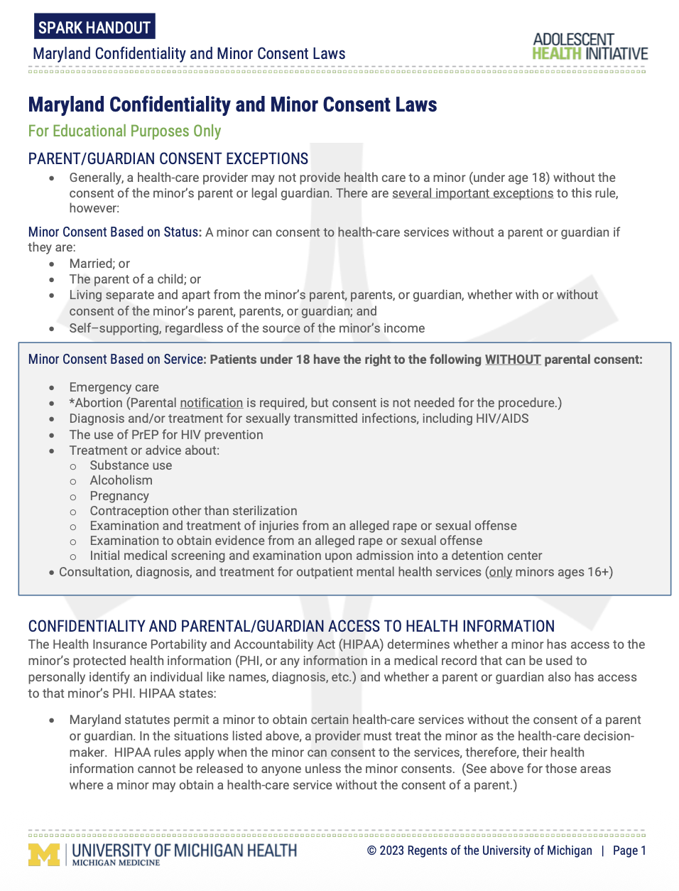 University of Michigan Adolescent Health Initiative - Maryland Confidentiality and Minor Consent Laws