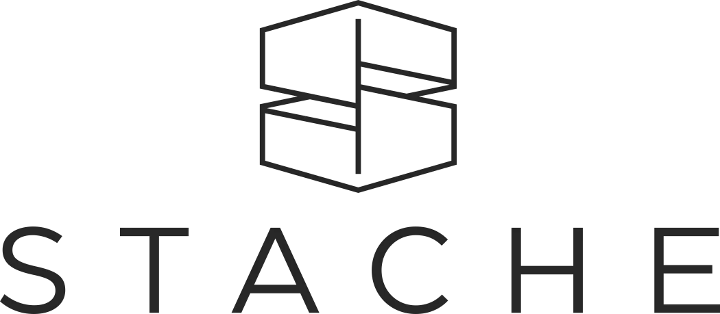 Pixelated black and white logo of a stylized globe above the word 'STACHE'.