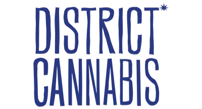Text reading 'District Cannabis' in bold, all-caps blue letters on a black background.