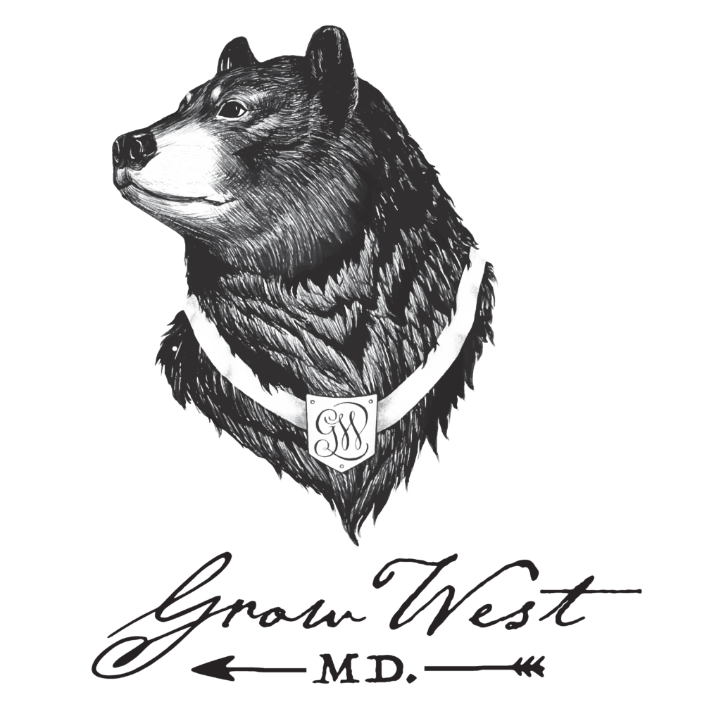 Black and white illustration of a bear's head with a collar featuring a shield-shaped emblem with intertwined initials.