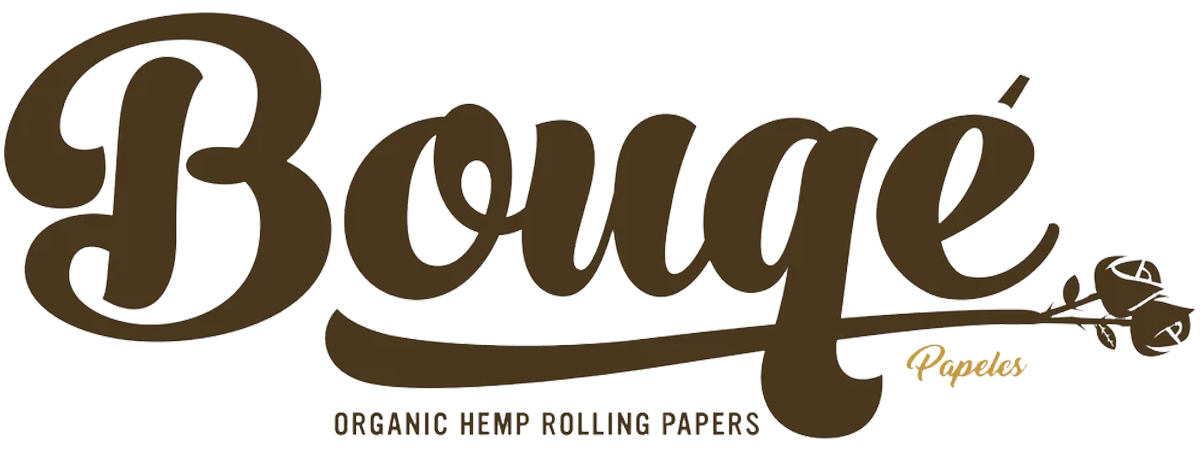 Logo for Bouge Capels, a brand of organic hemp rolling papers, featuring stylized brown text and a rose illustration.
