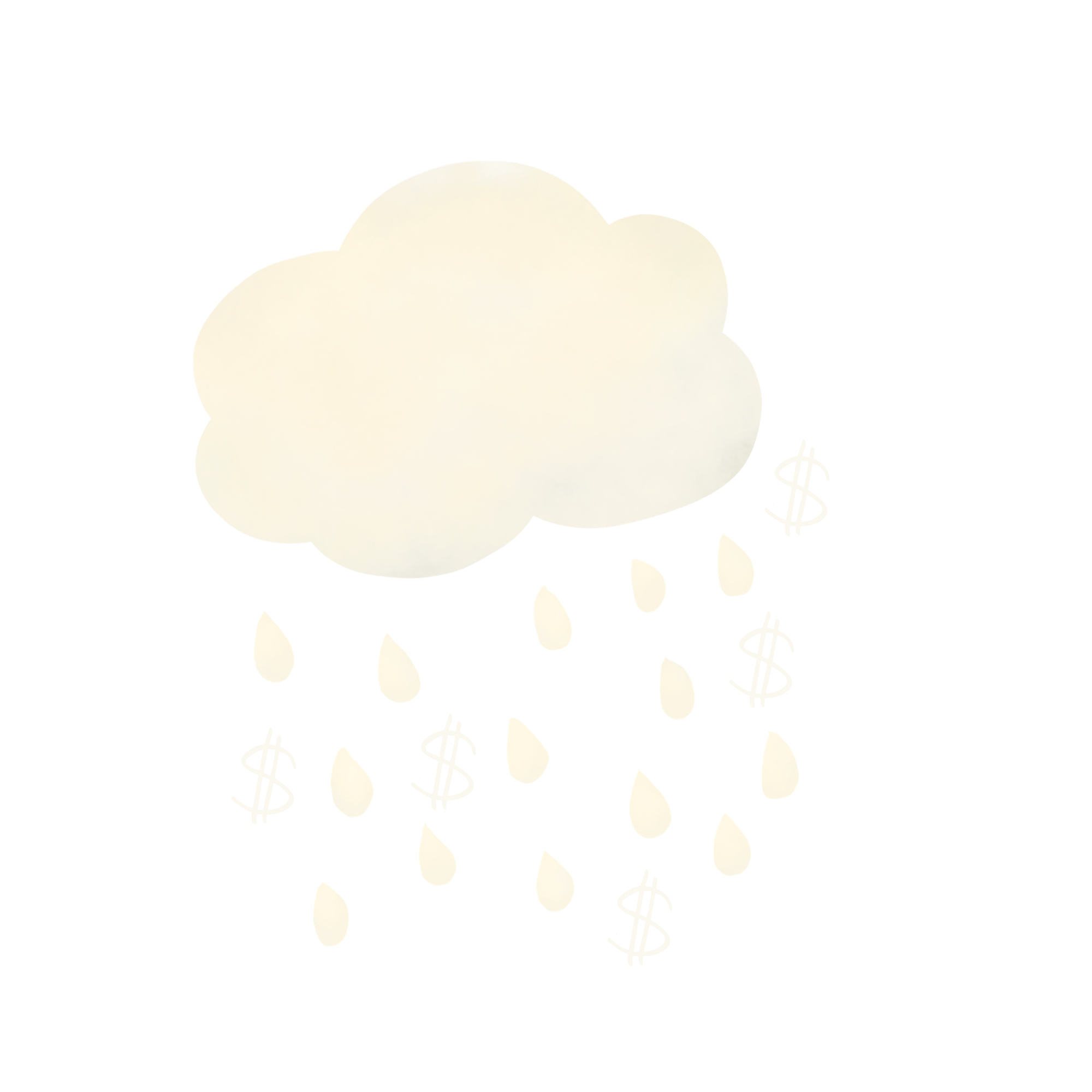A fluffy white cloud with dollar signs mixed into the falling raindrops