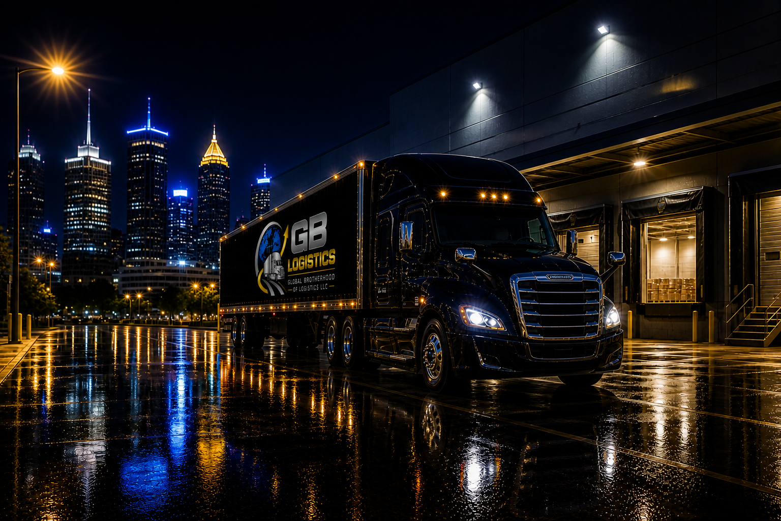 Night scene of a black logistics truck with 'GB Logistics' logo parked outside a warehouse, with city skyline and illuminated skyscrapers in the background, reflected on wet ground.