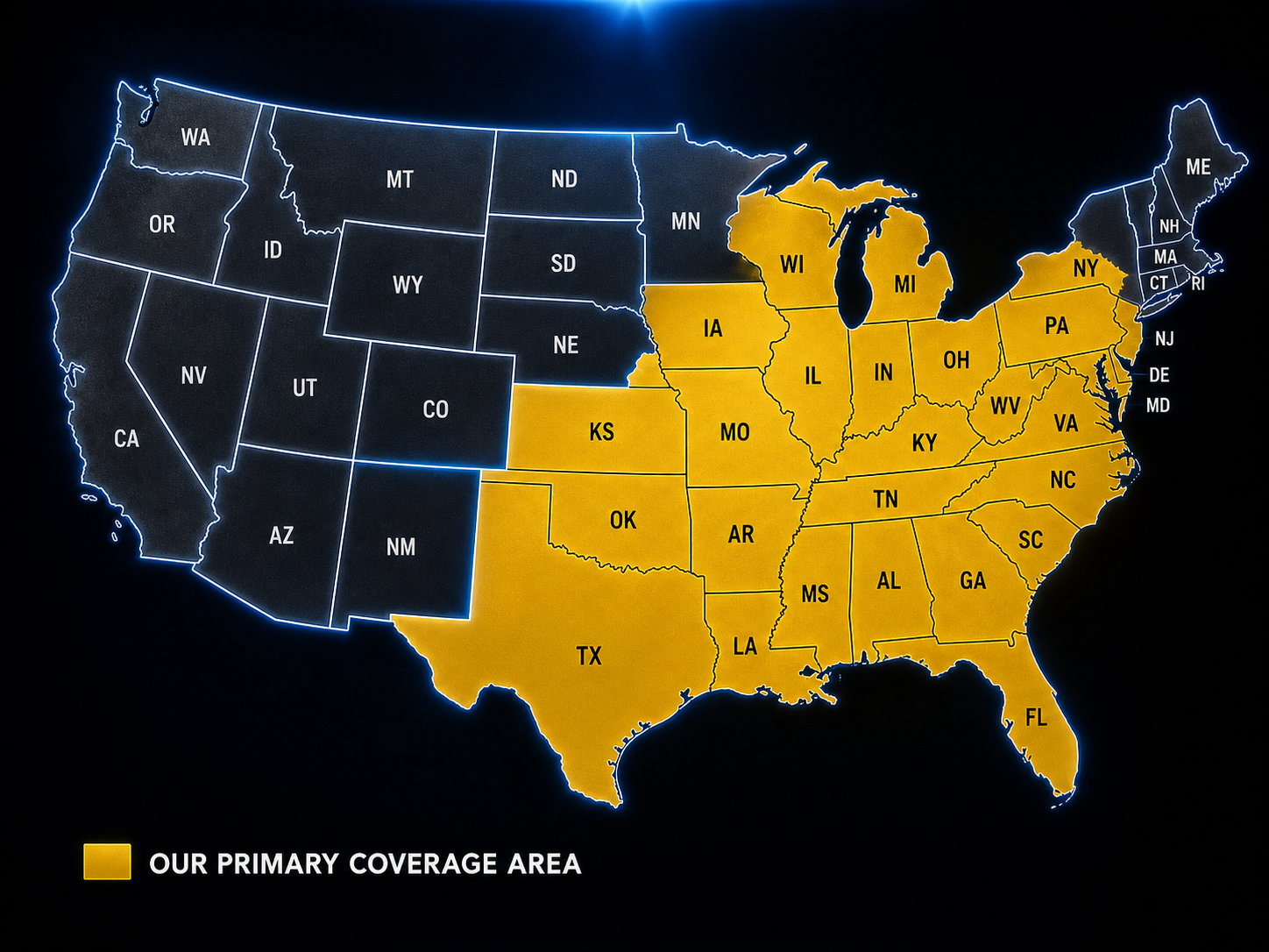 Map of the United States with states highlighted in yellow indicating the primary coverage area. The yellow states include Texas, Oklahoma, Kansas, Missouri, Illinois, Indiana, Ohio, Kentucky, West Virginia, Virginia, North Carolina, South Carolina, Georgia, Florida, Alabama, Mississippi, Louisiana, Arkansas, Tennessee, and parts of Michigan, Wisconsin, and New York. The rest of the states are shown in dark color, not part of the primary coverage area.