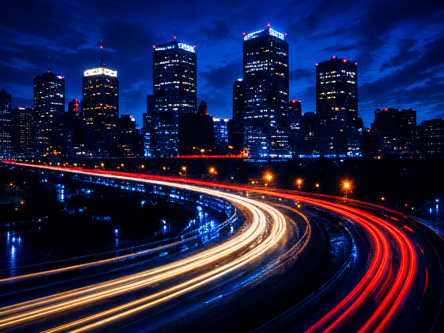Nighttime cityscape of a downtown area with tall skyscrapers illuminated with blue and white lights. Light trails from moving vehicles are visible on a curved highway in the foreground with red and white streaks of light.