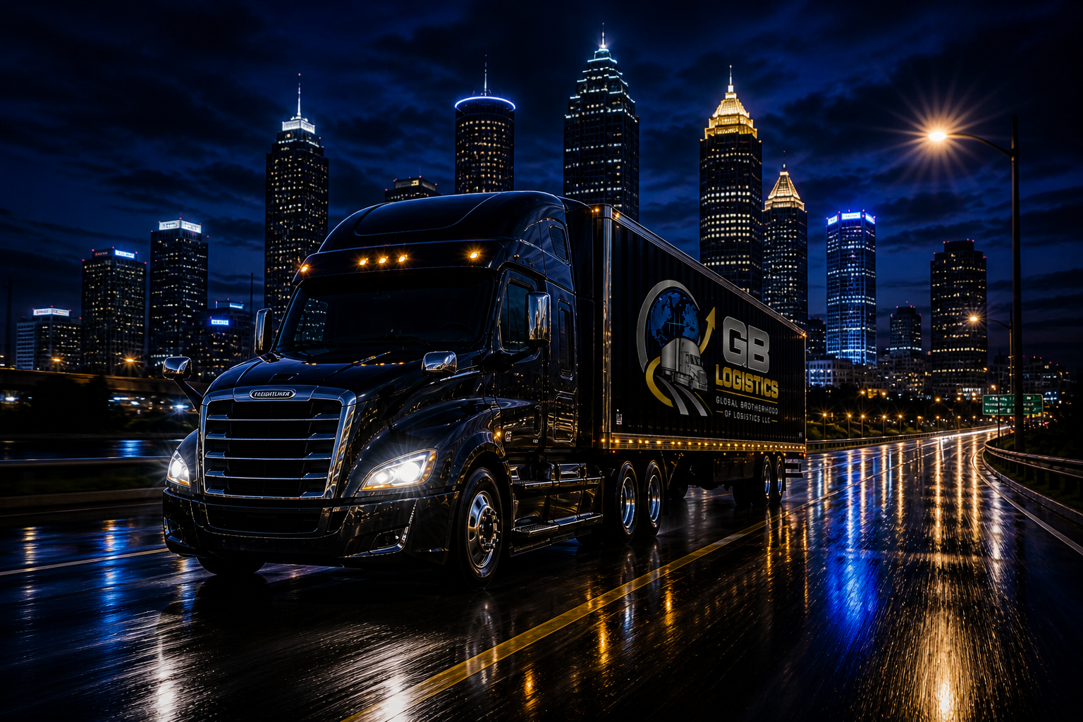 Nighttime cityscape with tall skyscrapers and a large black logistics truck driving on a wet road, reflecting city lights.