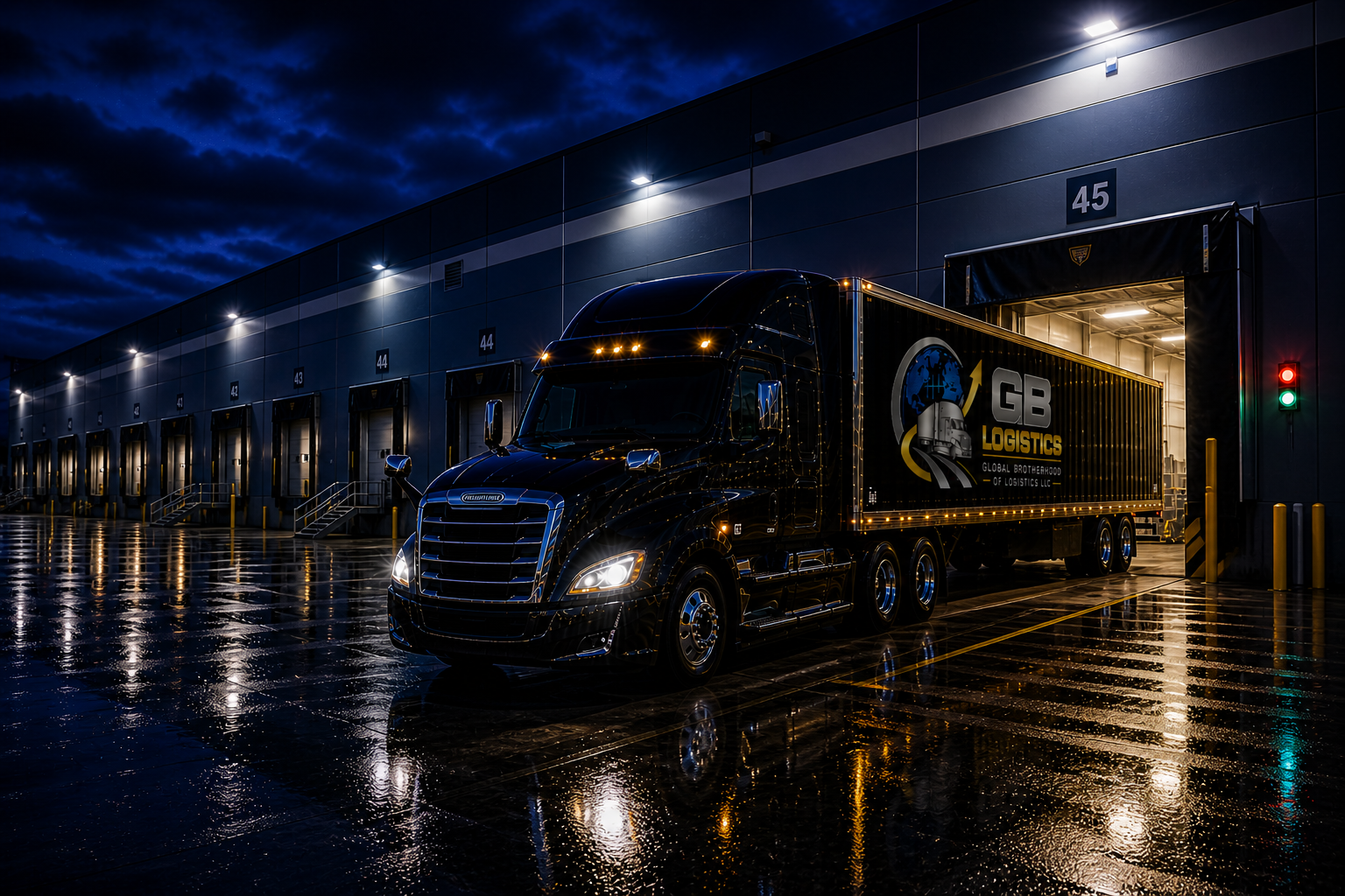 Black semi-truck with a GB Logistics logo on the side is parked at a loading dock on a rainy night.