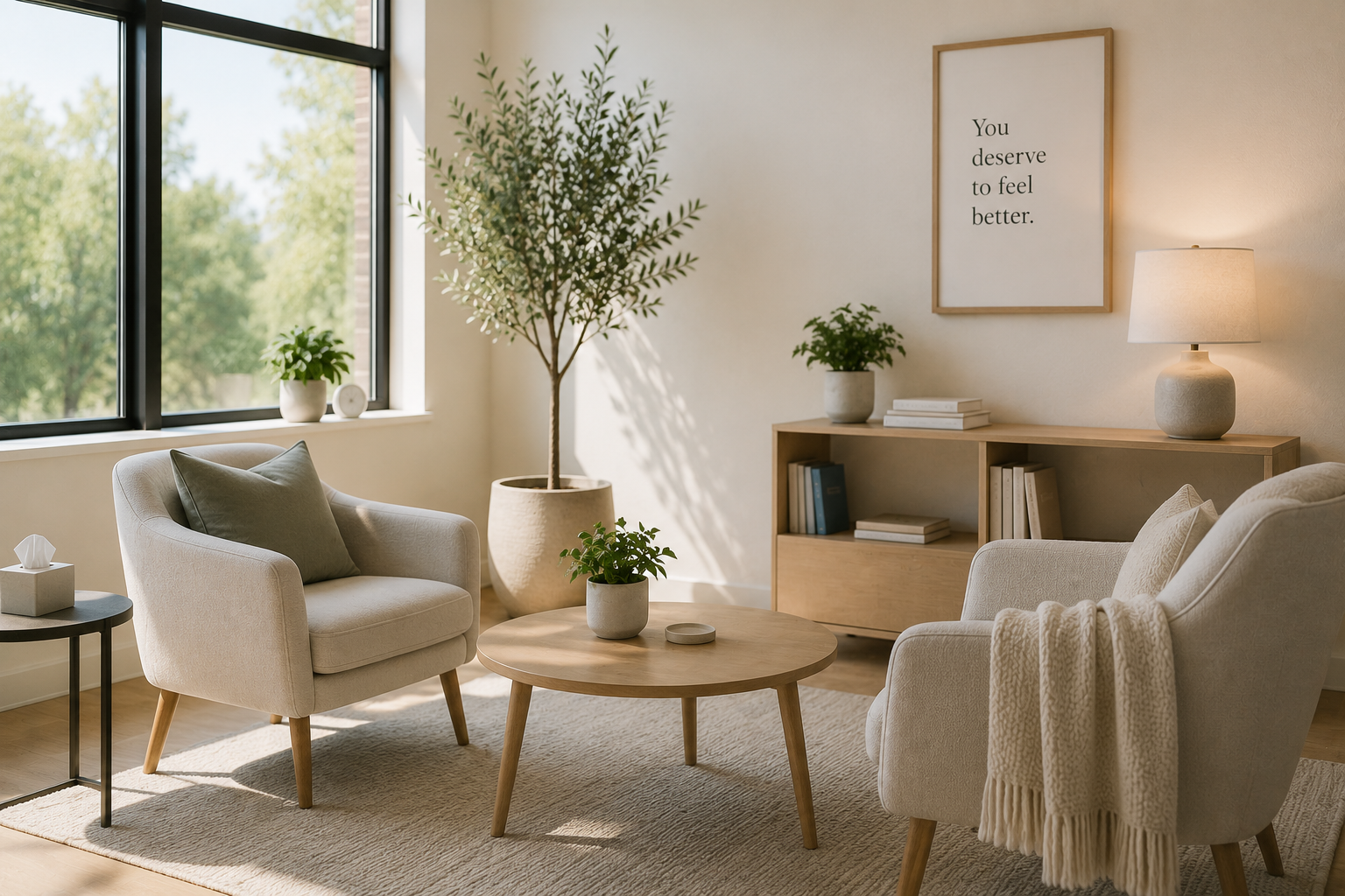 A cozy living room with beige armchairs, a round wooden coffee table, potted plants, a wooden console, a framed motivational quote, and natural light from large windows.
