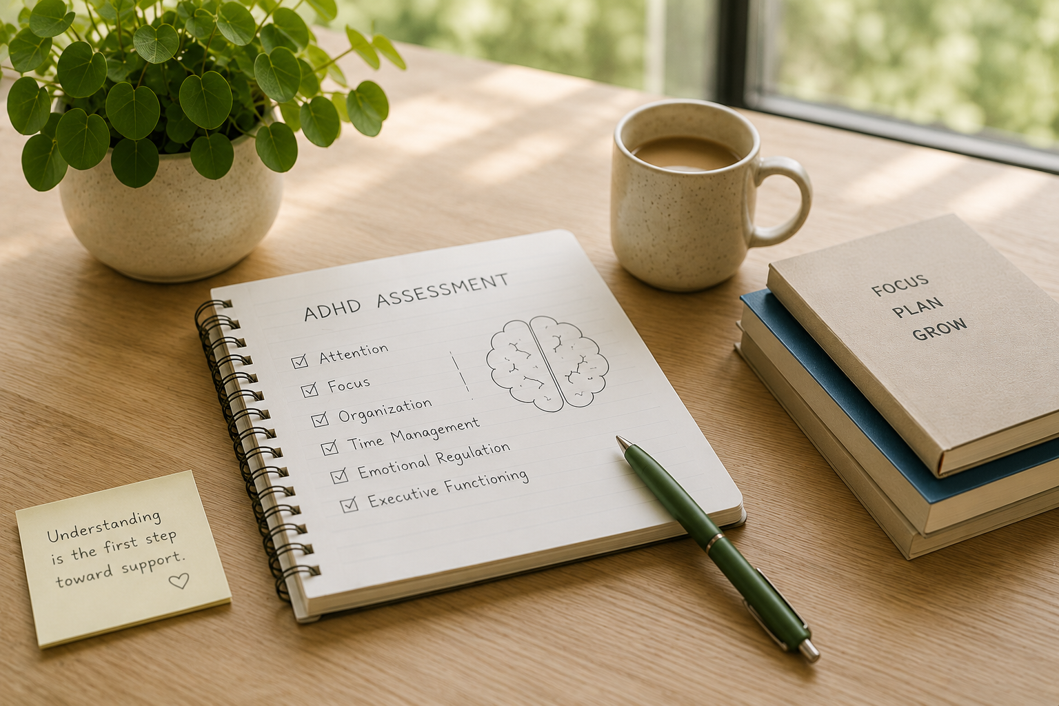 A wooden desk with a potted plant, a mug of coffee, a notebook titled "ADHD Assessment" with a brain drawing, three stacked books labeled "Focus Plan Grow," a pen, and a sticky note with a motivational quote.