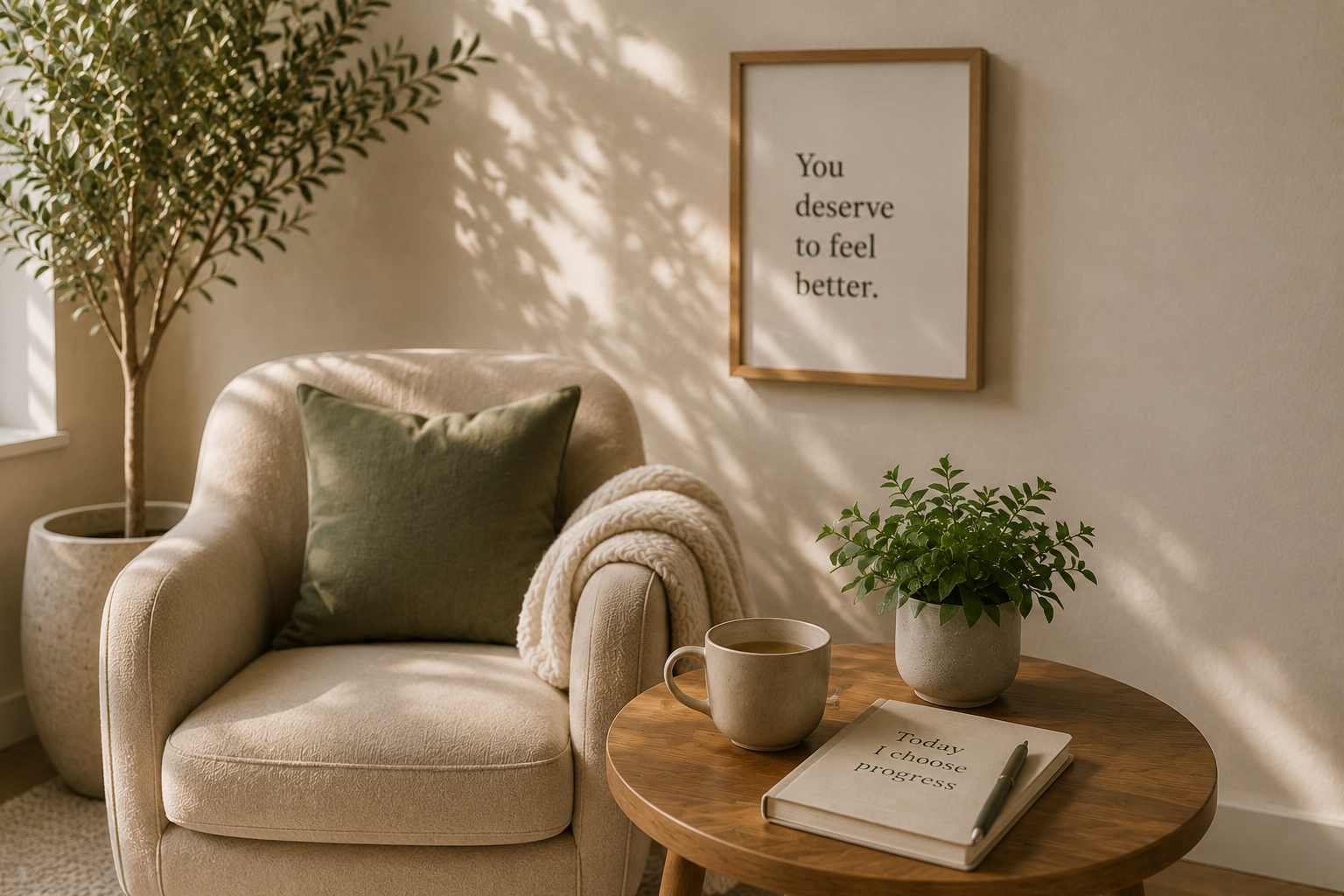 Cozy corner with a beige armchair, green pillow, white blanket, small round wooden table with a gray potted plant, coffee, notebook, and pen, and a framed quote on the wall that reads 'You deserve to feel better.'