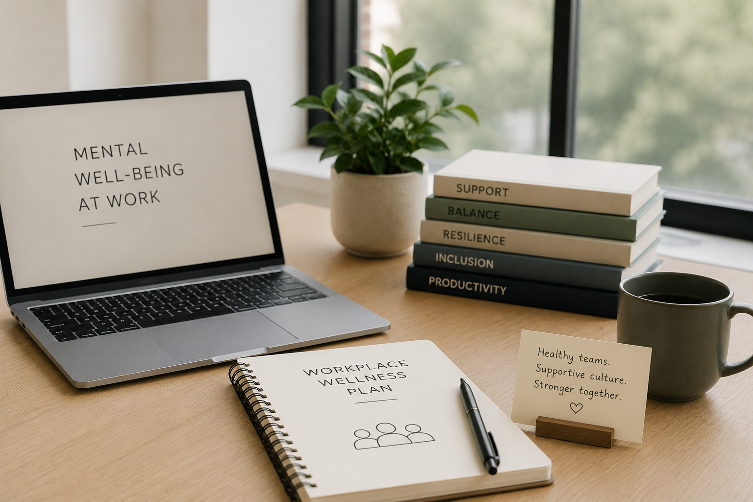 A workspace with a laptop displaying 'Mental Well-Being at Work', a notebook titled 'Workplace Wellness Plan', a pen, a stack of books with titles including 'Support', 'Balance', 'Resilience', 'Inclusion', and 'Productivity', a potted plant, a mug of coffee, and a small note with a message about healthy teams and supportive culture placed on a wooden desk near a window.