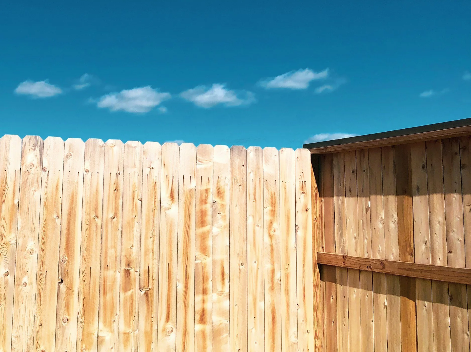 A wooden privacy fence with a backyard shed on the right side, under a blue sky with a few clouds.