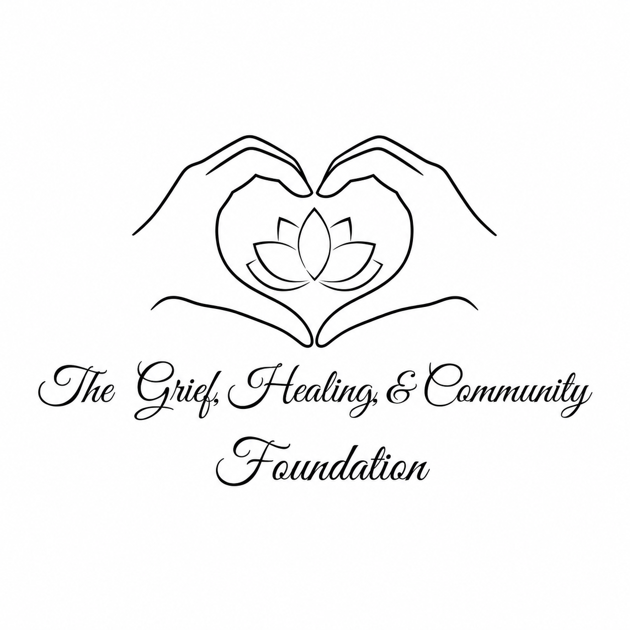Logo featuring two hands forming a heart shape around a lotus flower with the text "The Grief, Healing, & Community Foundation" written in elegant script.