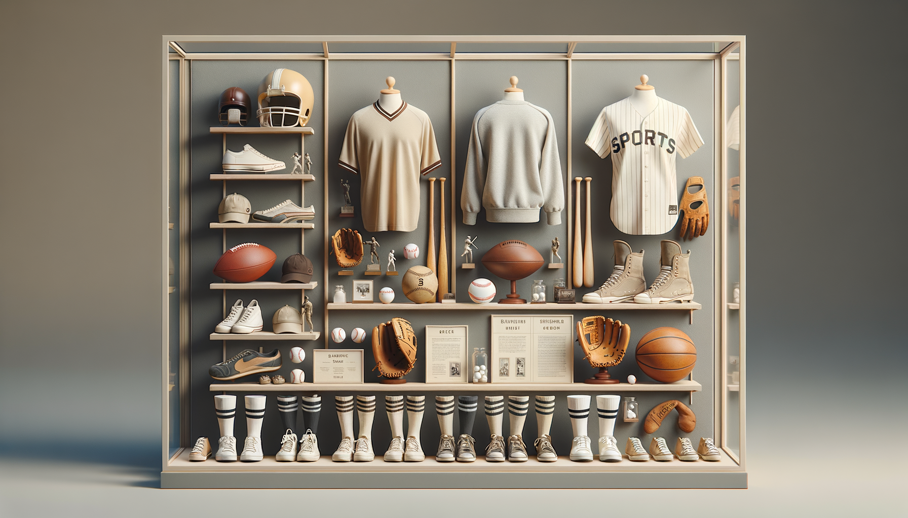 Display of sports equipment including football helmets, sneakers, baseball gloves, basketballs, baseballs, bats, jerseys, and shoes in a modern cabinet.