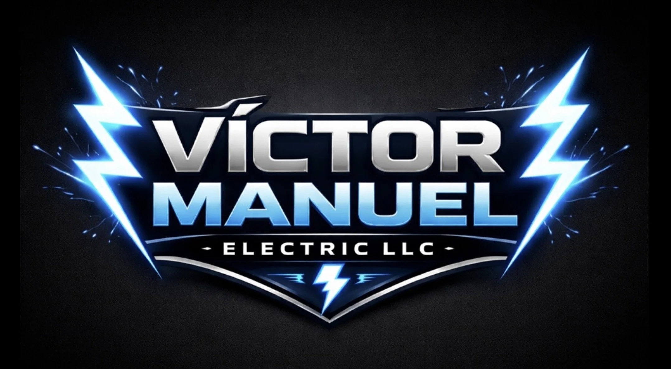 A digital graphic with the words "Victor Manuel Electric LLC" and lightning bolt icons, featuring bright blue and white colors against a black background.