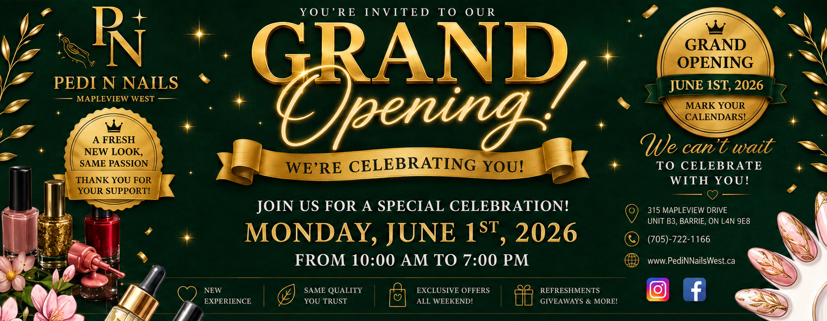 Pedi N Nails Mapleview West grand opening in Barrie, Ontario, featuring limited-time nail salon specials and promotions