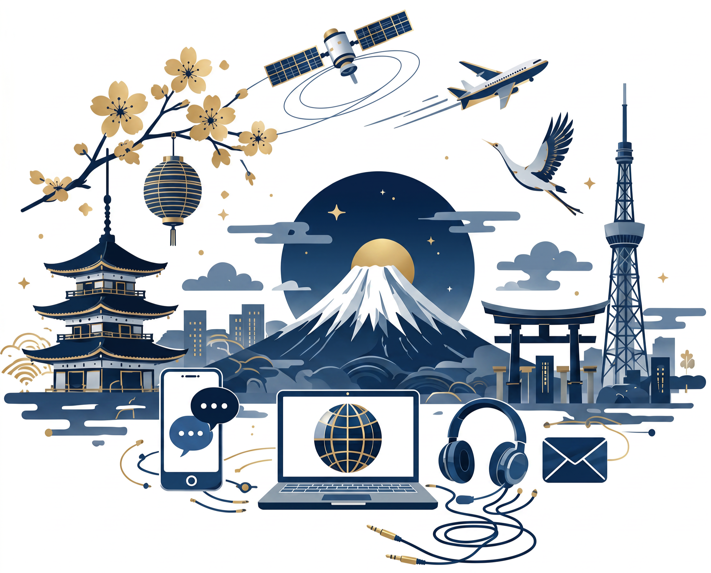 Ilustración de elementos culturales japoneses y tecnológicos con elementos como un monte Fuji, flores de cerezo, una pagoda, un rayo, un satélite, una avioneta, una torre de televisión, iconos de redes sociales y tecnología, todos en tonos azul, dorado y gris.