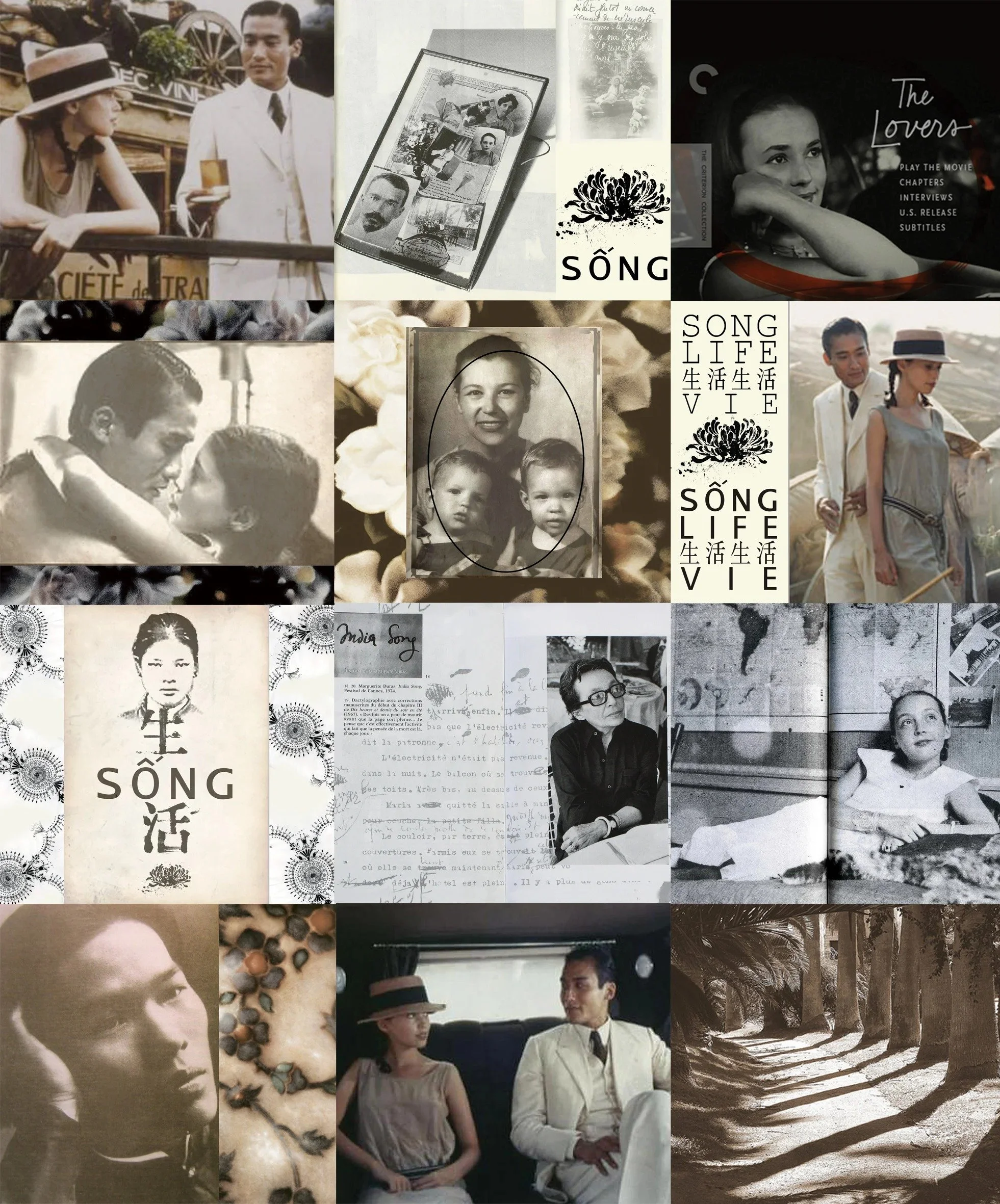 Collage of black-and-white and color photographs featuring people, including a woman with children, a man and woman sitting in a car, and individuals in historical and candid settings. Includes images of handwritten notes, printed text in several lan