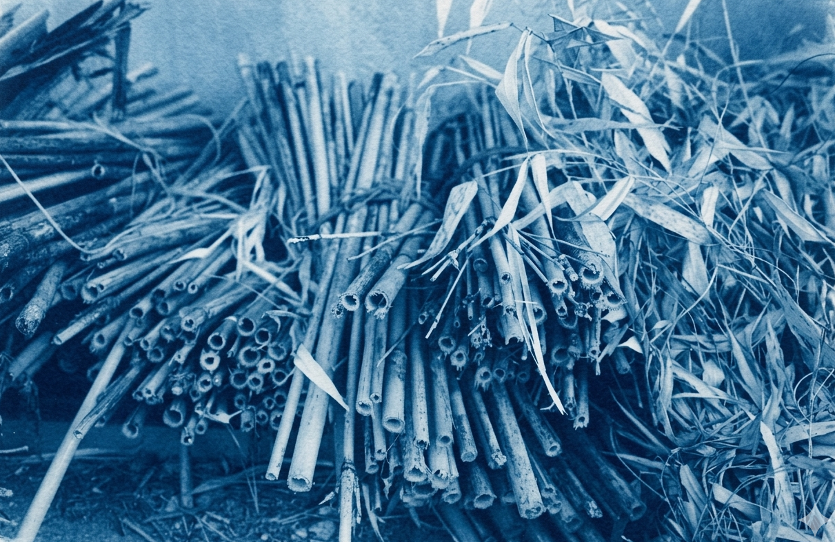 A large bundle of cut bamboo sticks tied together with some bamboo leaves resting on or near them.