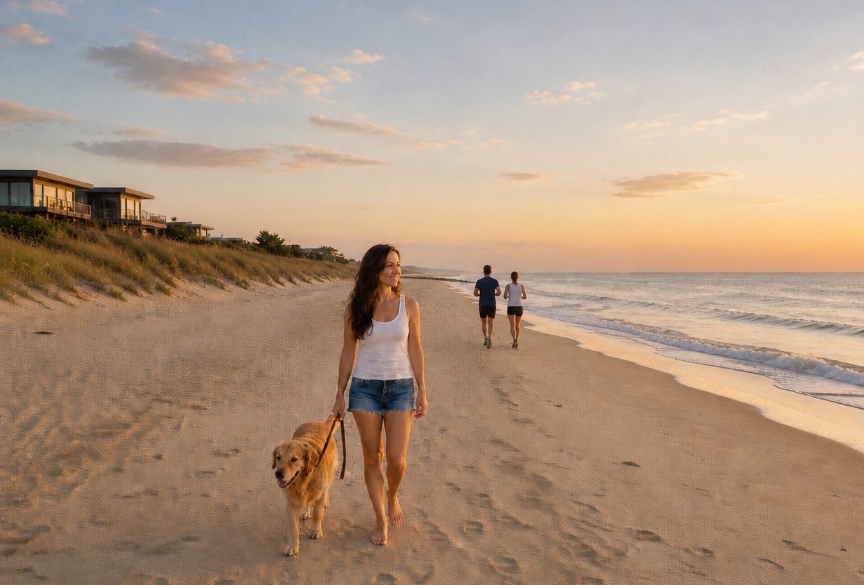 A woman walking her dog along the beach at sunset, with a couple jogging in the background and houses on the dunes to the left.