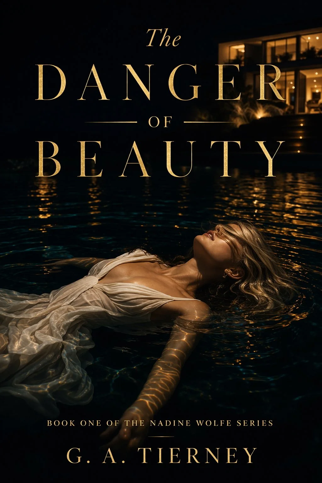 Book cover for 'The Danger of Beauty' by G. A. Tierney, featuring a woman floating in a pool at night with water reflecting surrounding lights.