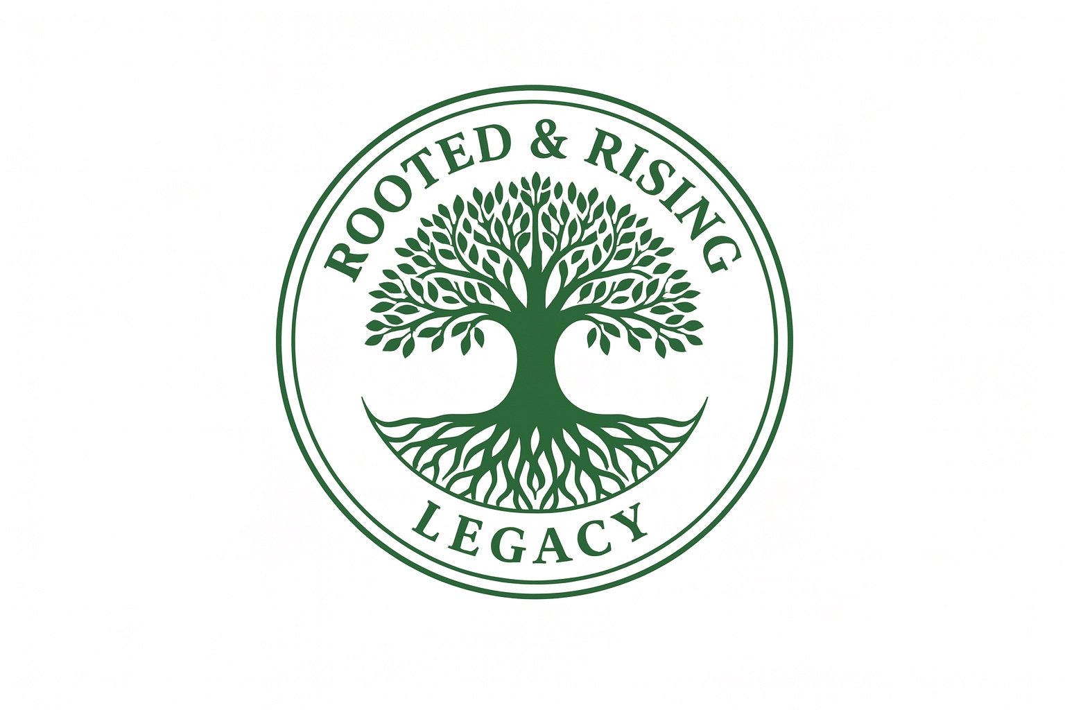 A circular logo featuring a green tree with roots, surrounded by the text "Rooted & Rising" at the top and "Legacy" at the bottom.