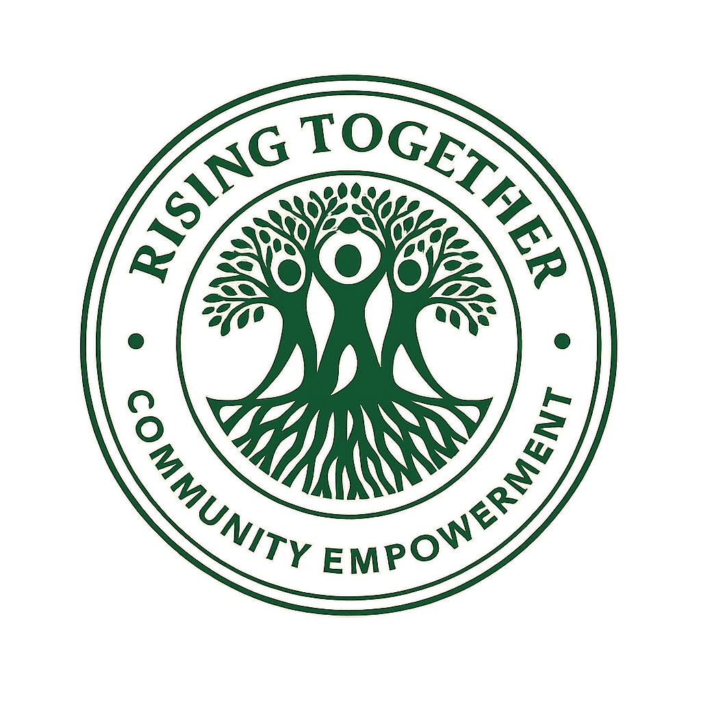 A circular logo with a tree at the center, two branches with faces, and roots. The outer circle contains the words "Rising Together" at the top and "Community Empowerment" at the bottom.