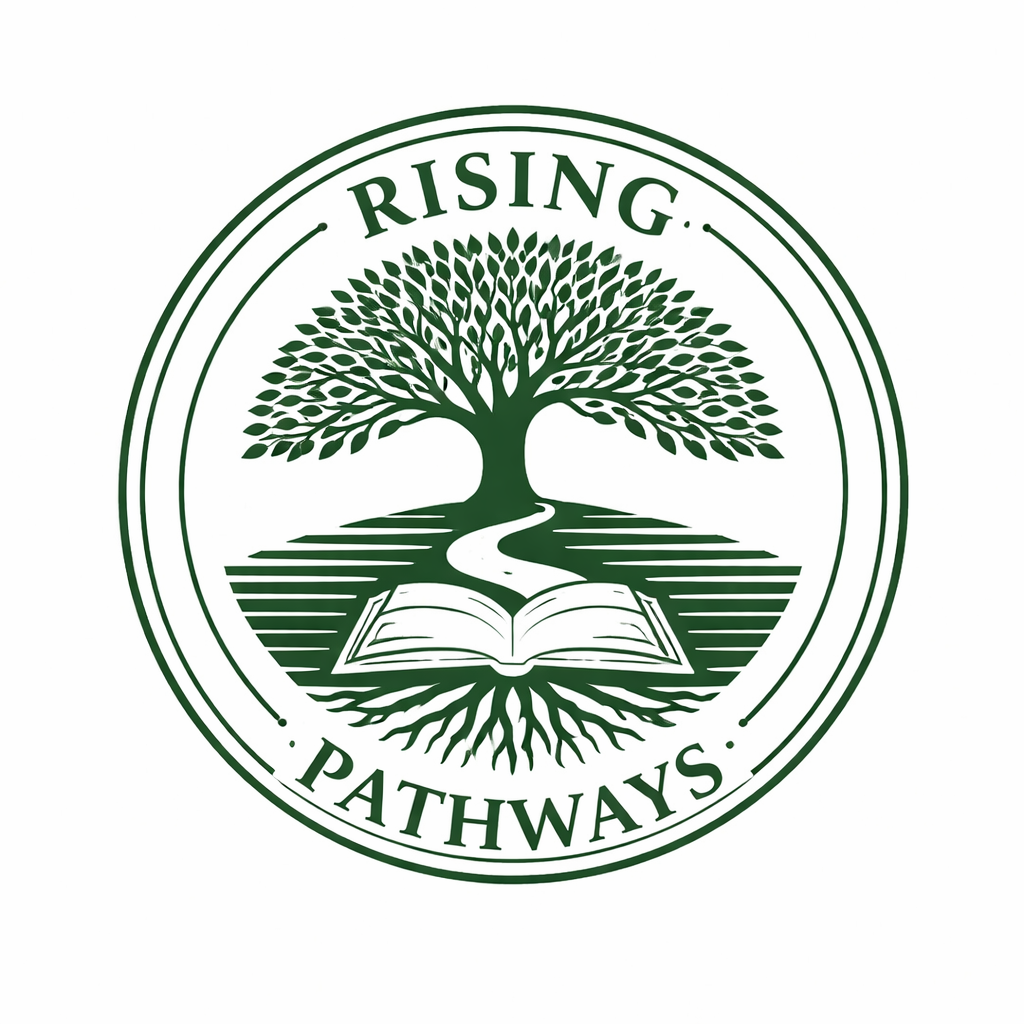 A circular emblem with the words "Rising Pathways" around the top and "Pathways" around the bottom. The emblem features a large tree with roots, a winding path, and an open book at the base of the tree.