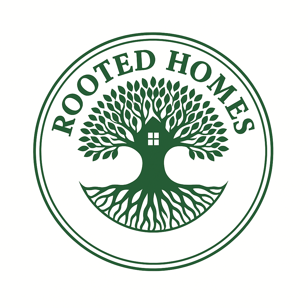A green circular logo with a tree at the center and the text "Rooved Homes" curved around the top of the circle.